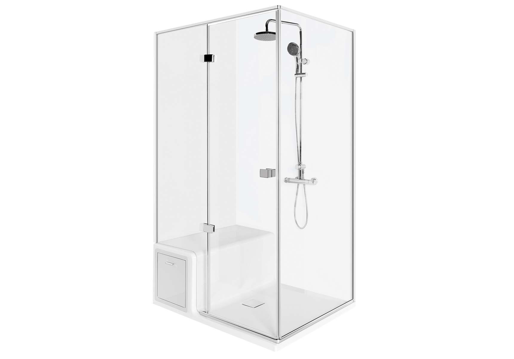Roomy Compact Shower Unit 120x90 cm Left, Flat, L Wall, Drawer, Shower Column