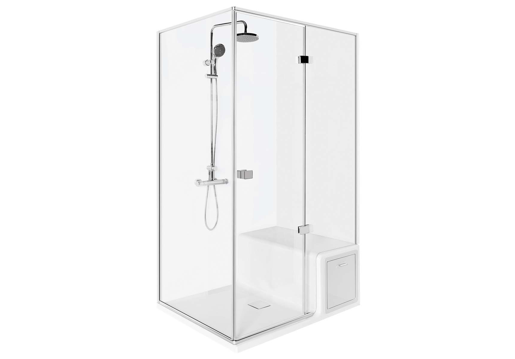 Roomy Compact Shower Unit 120x90 cm Left, Flat, L Wall, Drawer, Shower Column