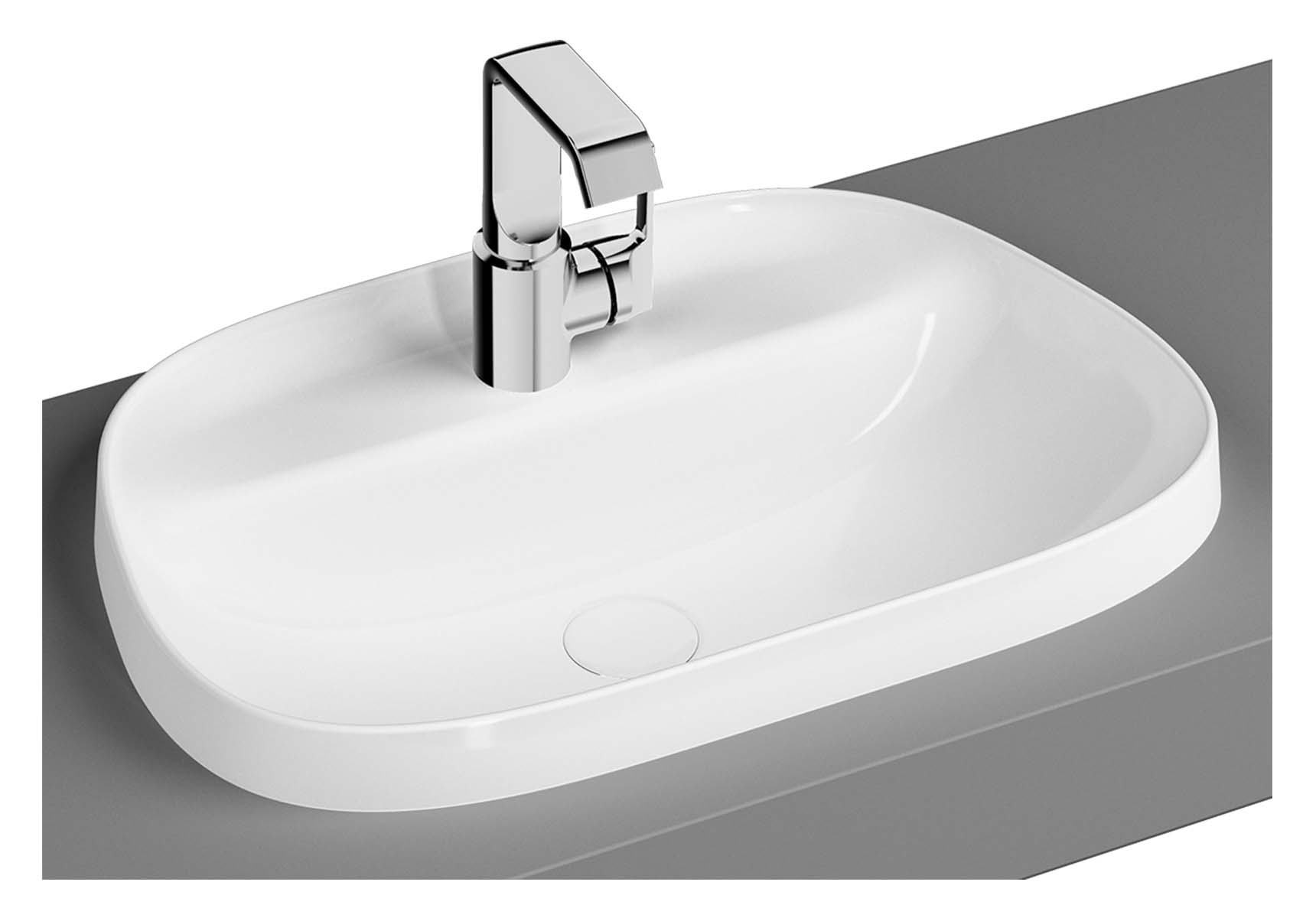 Tv Shaped Countertop Basin, 57 cm, One Tap Hole, Without Overflow Hole, Matte White