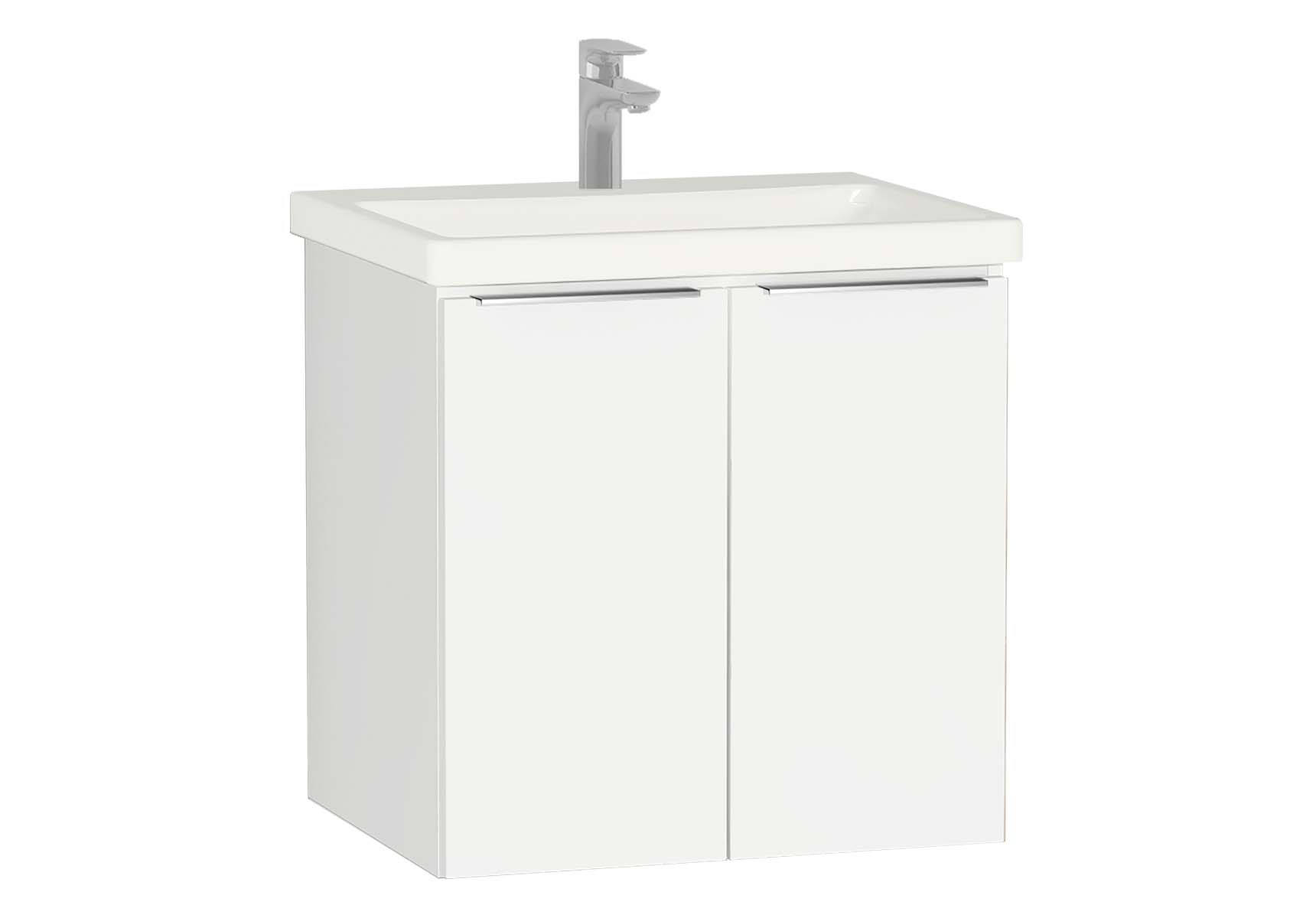 Central Washbasin Unit with doors, 60 cm, White High Gloss, Ceramic Washbasin