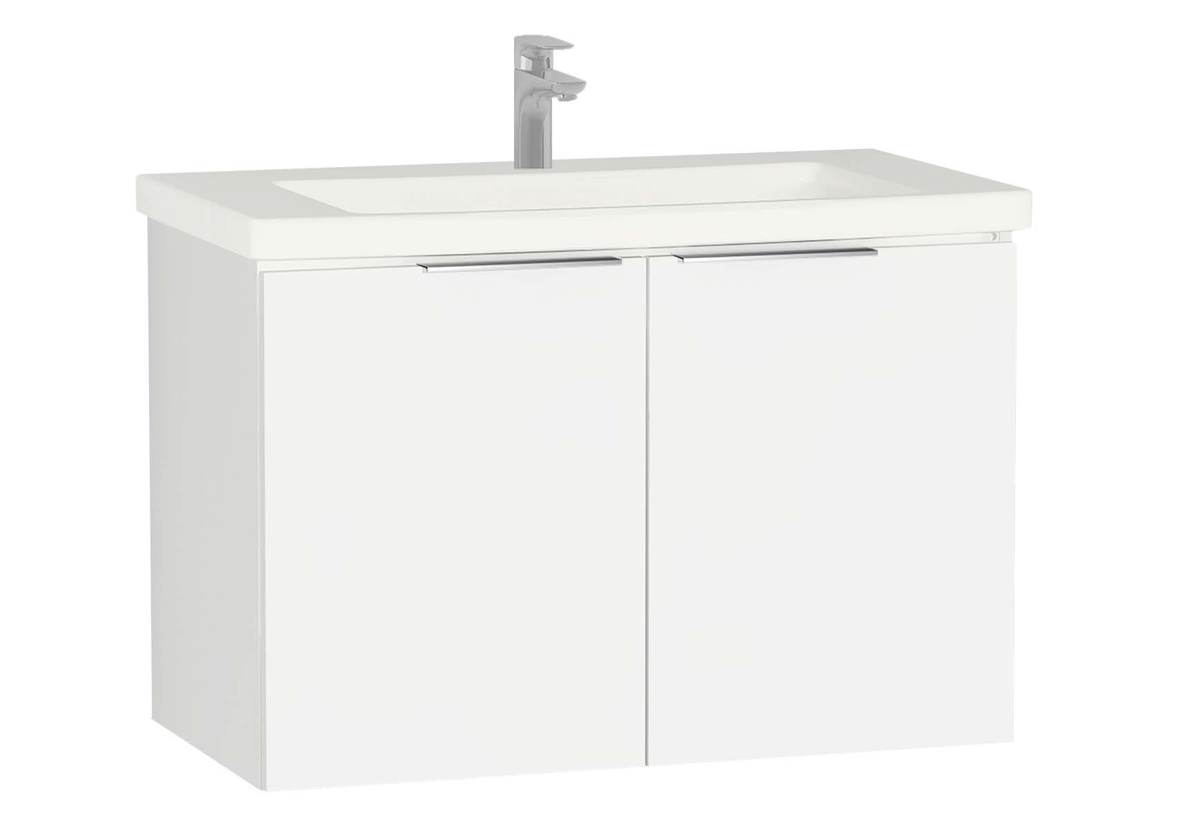 Central Washbasin Unit with doors, 90 cm, White High Gloss, Ceramic Washbasin