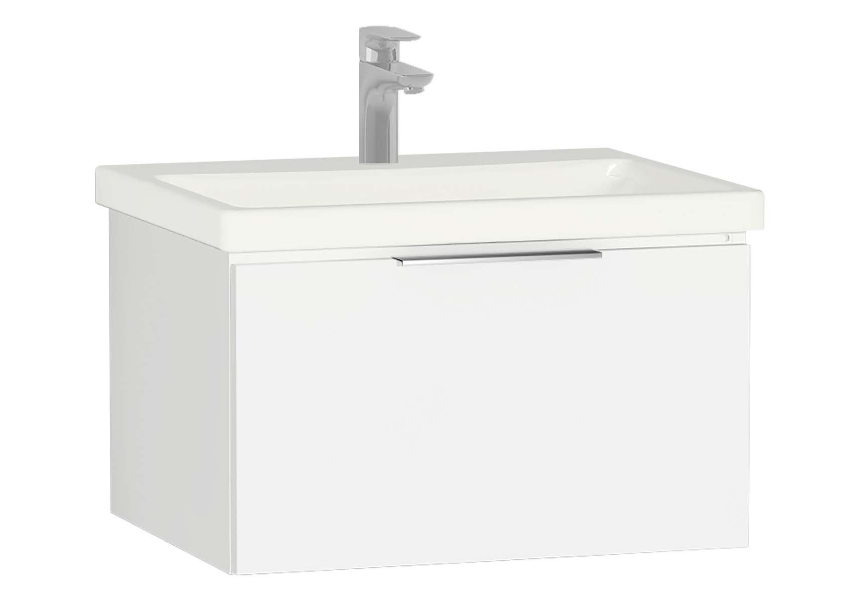 Central Washbasin Unit with 1 drawer, 60 cm, White High Gloss, Ceramic Washbasin