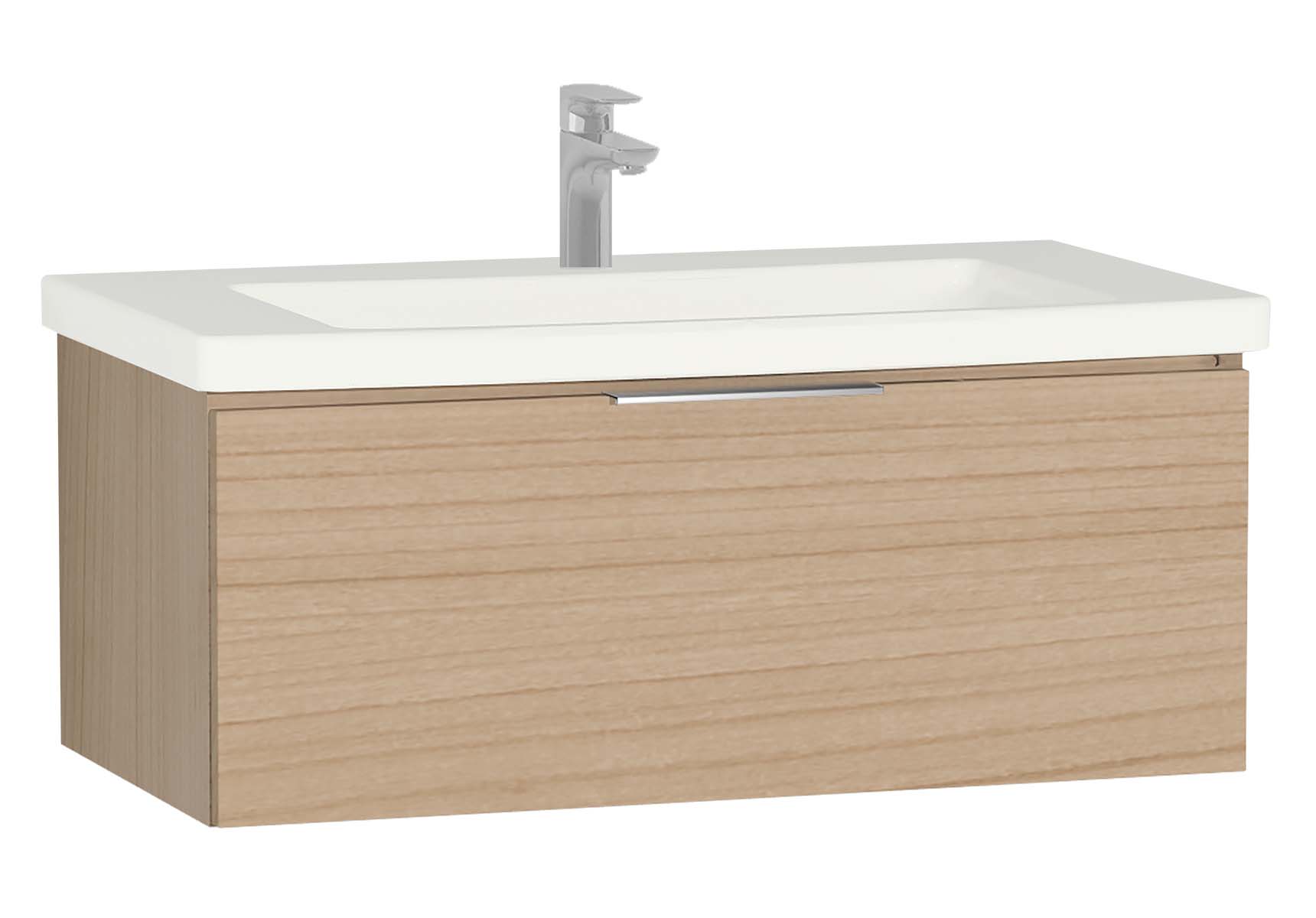 Central Washbasin Unit with 1 drawer, 90 cm, Golden Cherry, Ceramic Washbasin