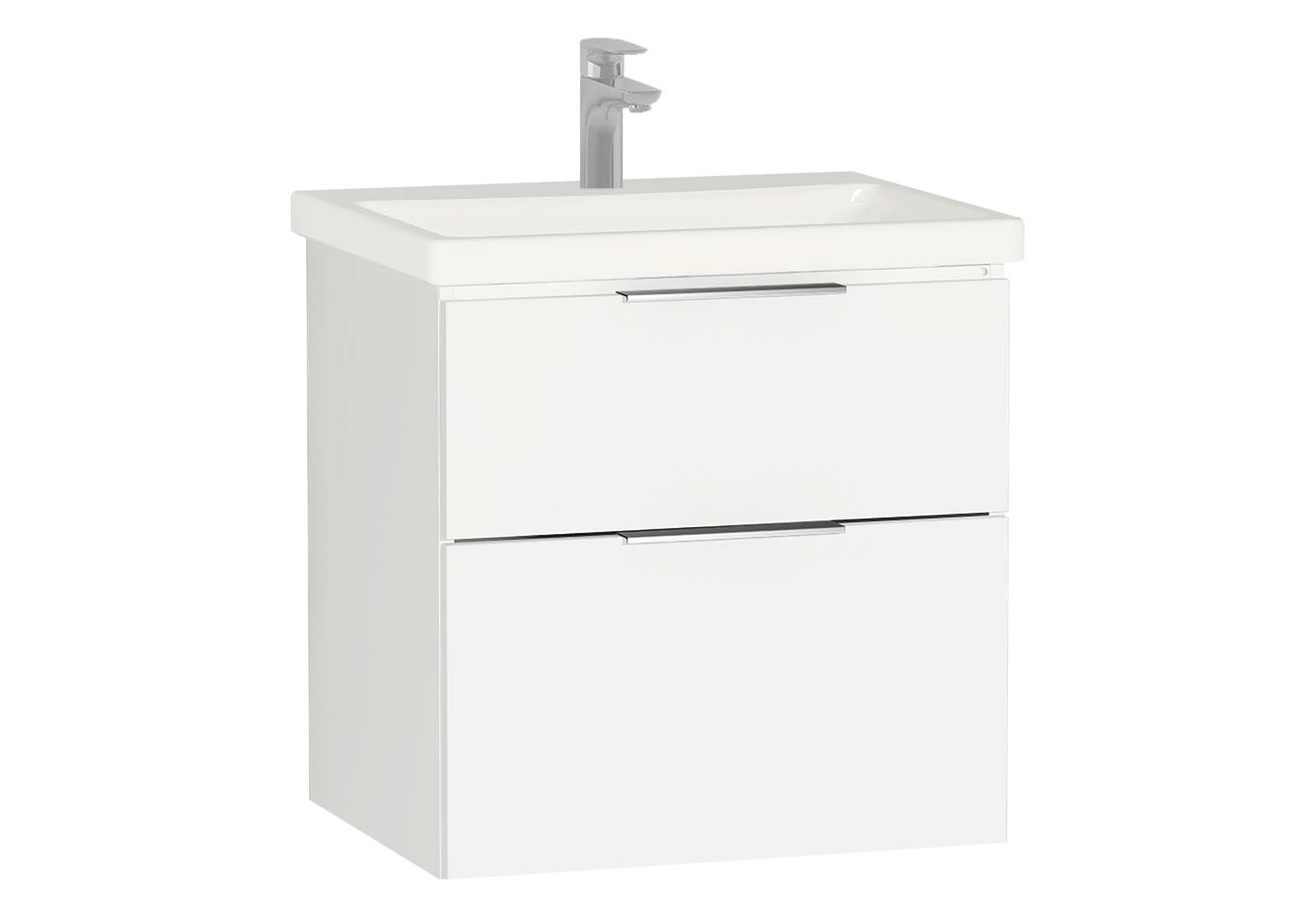 Central Washbasin Unit with 2 drawers, 60 cm, White High Gloss, Ceramic Washbasin