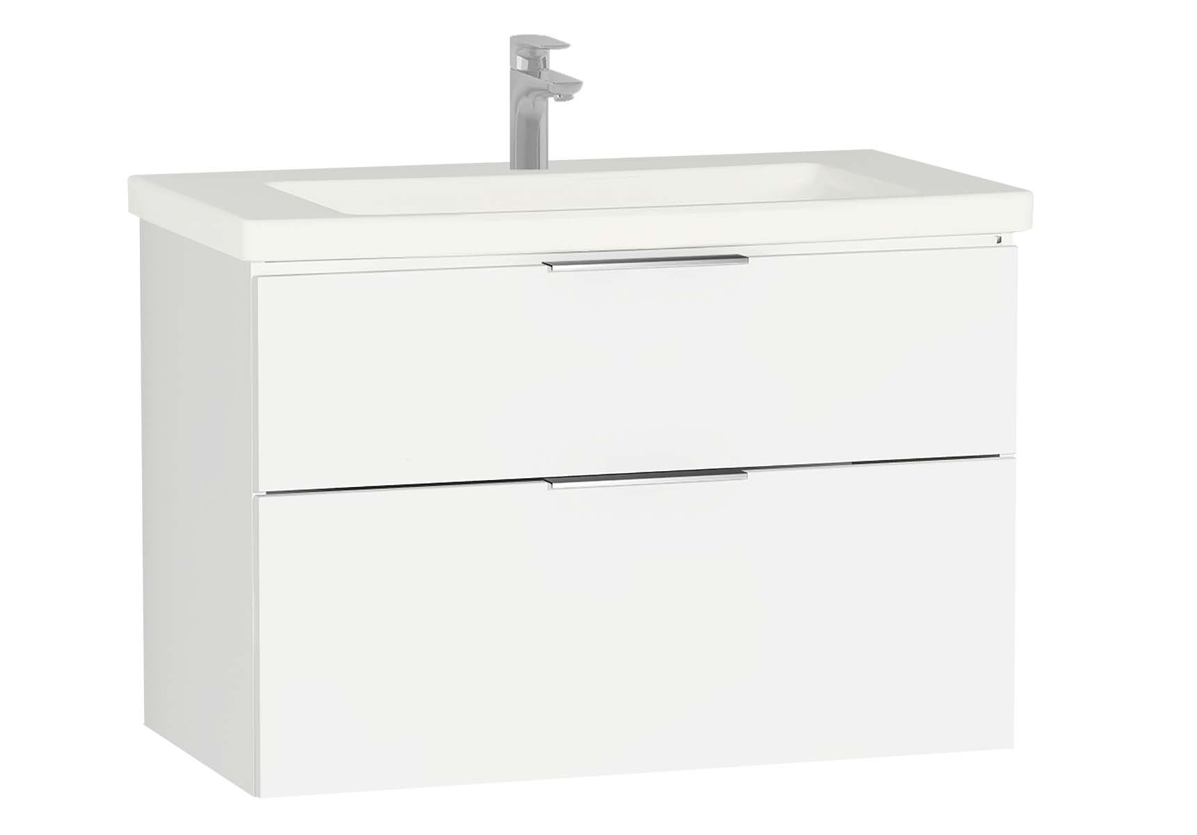 Central Washbasin Unit with 2 drawers, 90 cm, White High Gloss, Ceramic Washbasin