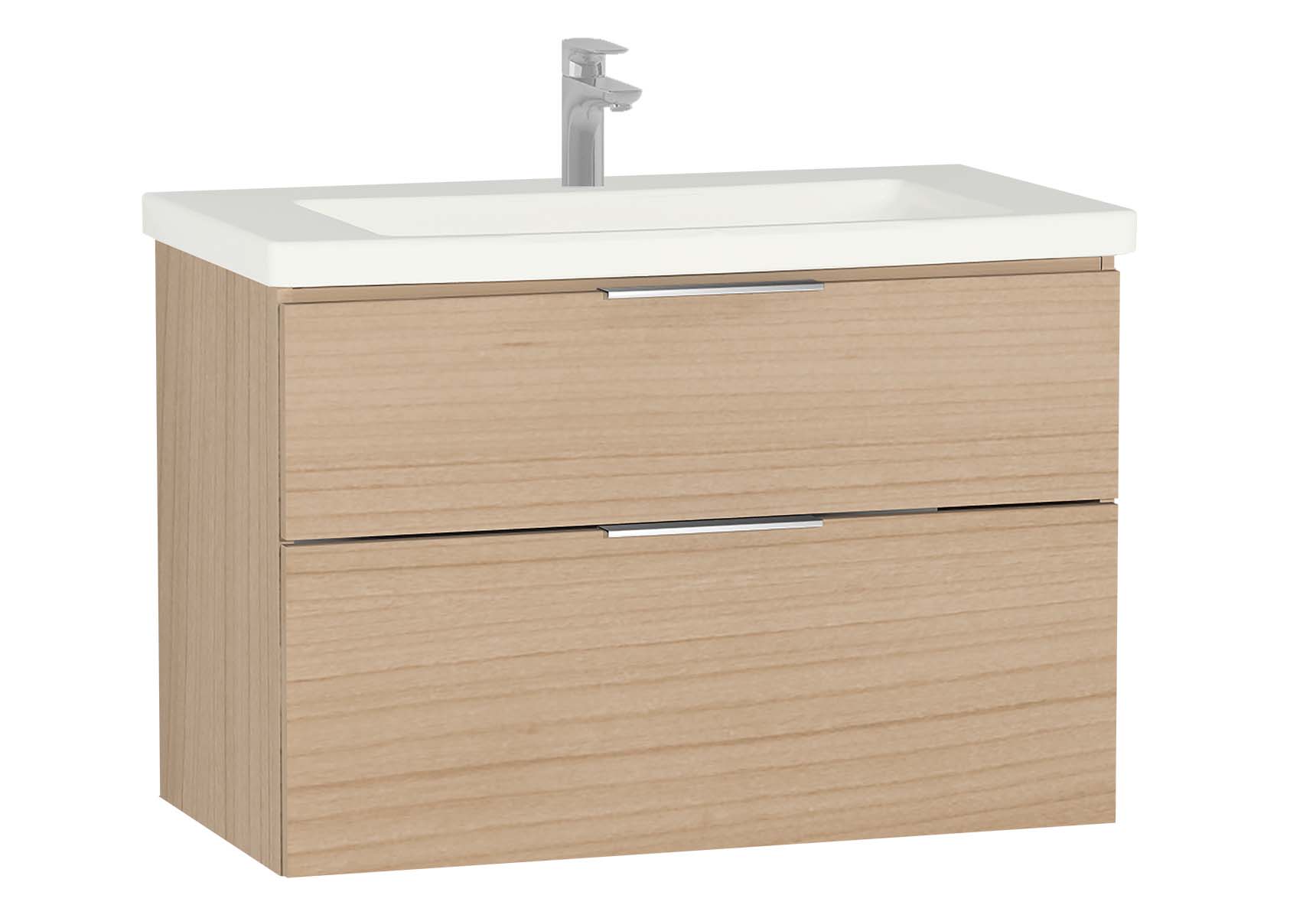 Central Washbasin Unit with 2 drawers, 90 cm, Golden Cherry, Ceramic Washbasin