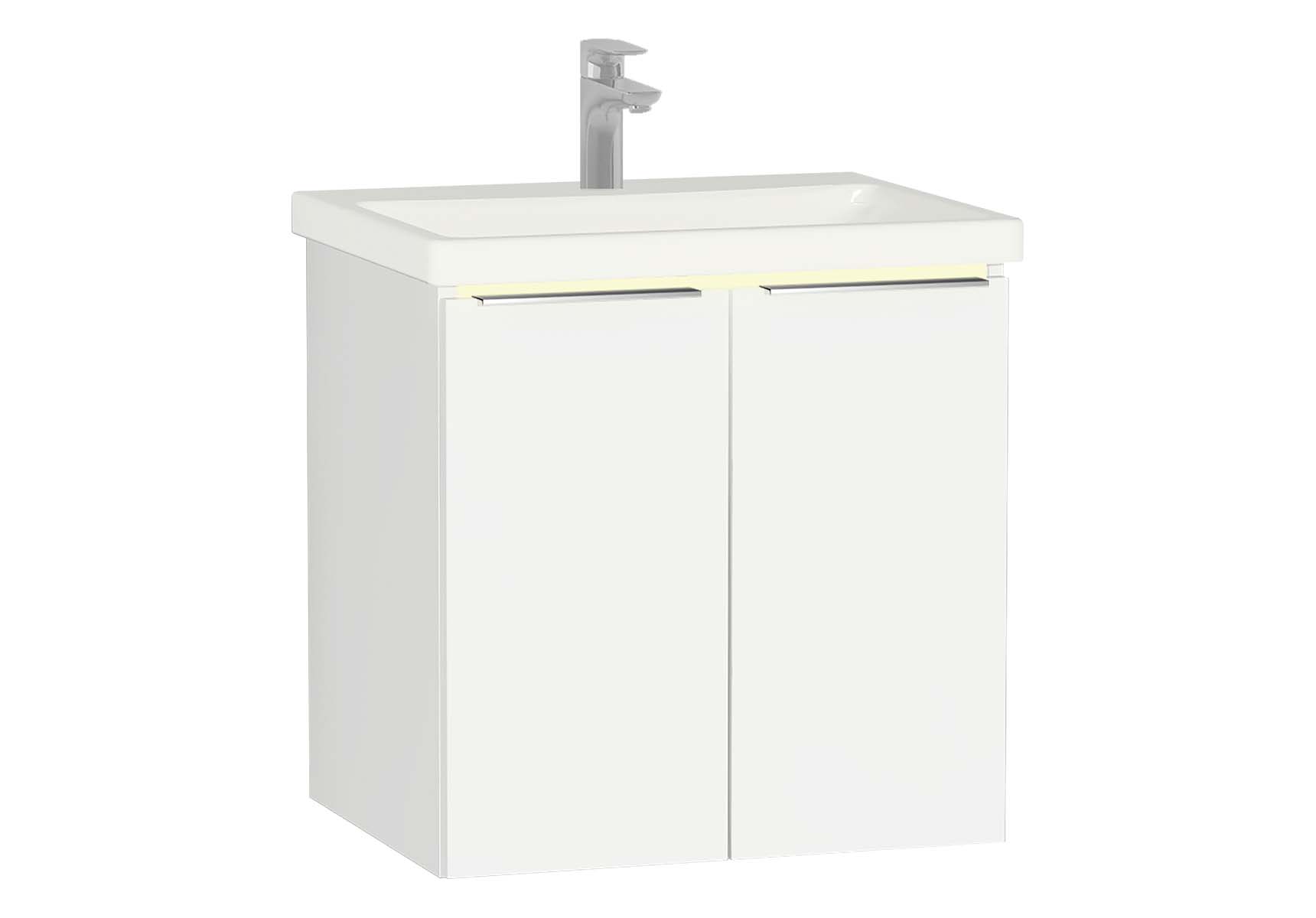 Central Washbasin Unit with doors, 60 cm, White High Gloss, Ceramic Washbasin, Led