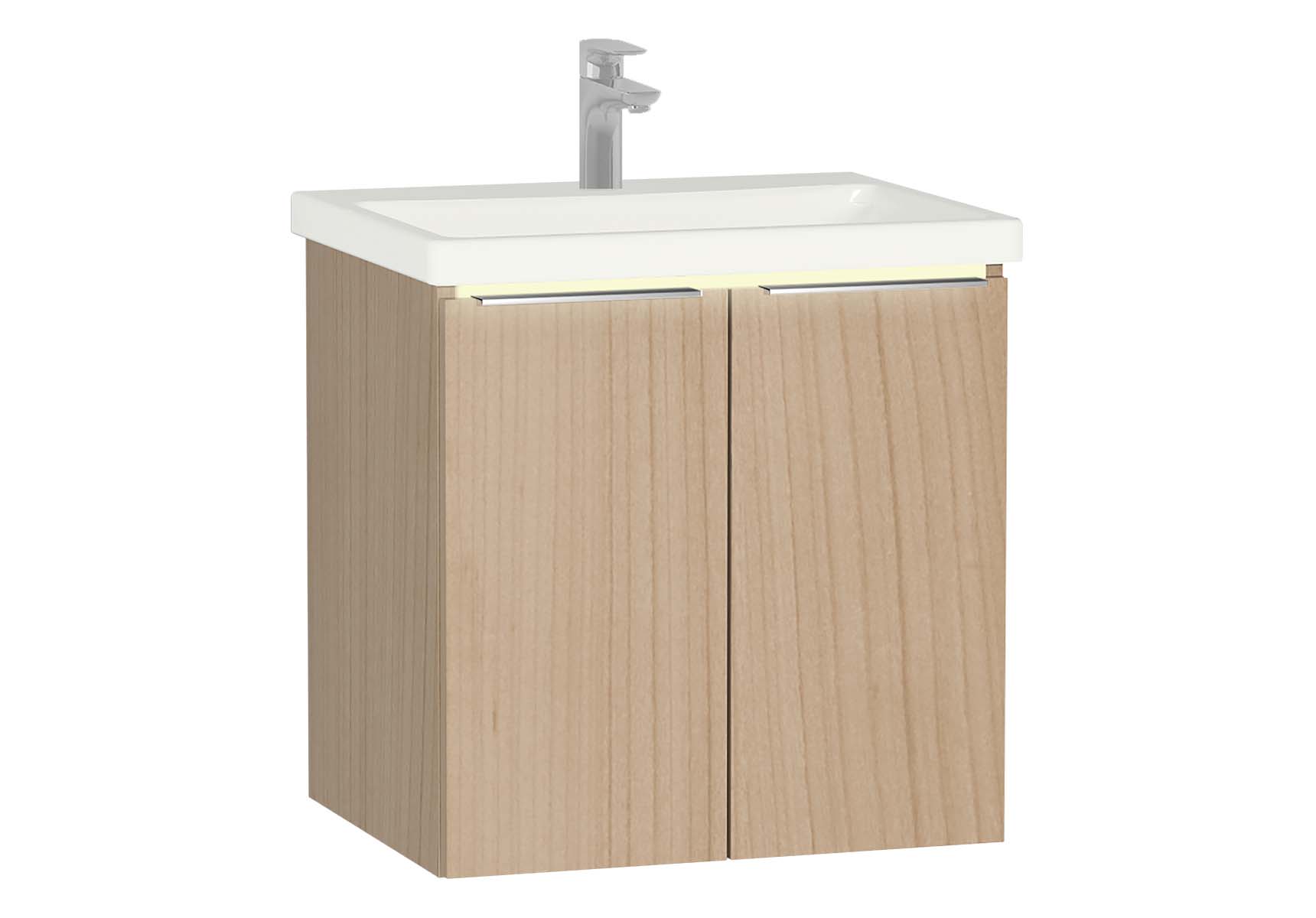 Central Washbasin Unit with doors, 60 cm, Golden Cherry, Ceramic Washbasin, Led