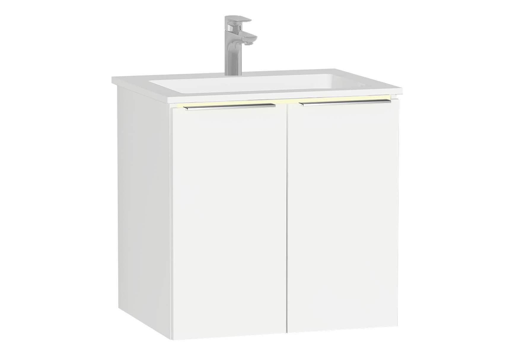 Central Washbasin Unit with doors, 60 cm, White High Gloss, Infinit Washbasin, Led