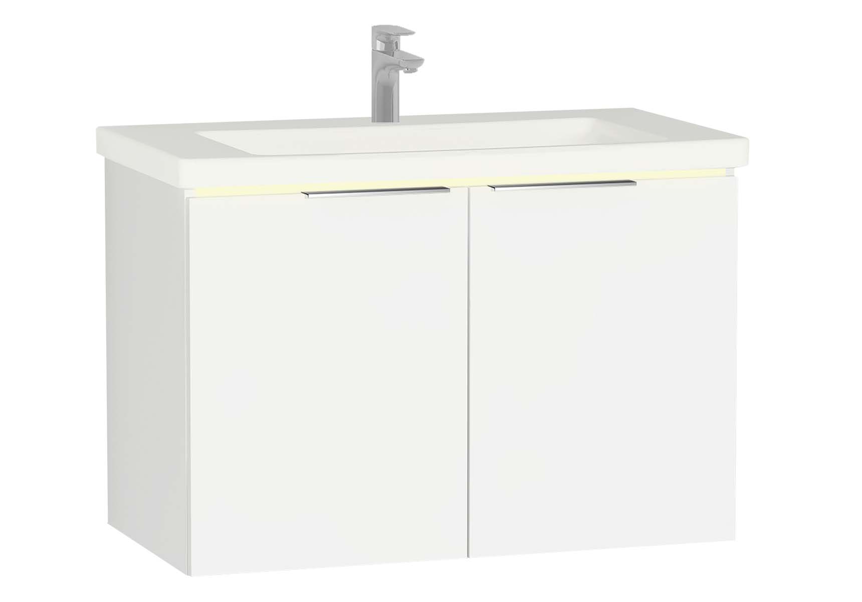 Central Washbasin Unit with doors, 90 cm, White High Gloss, Ceramic Washbasin, Led