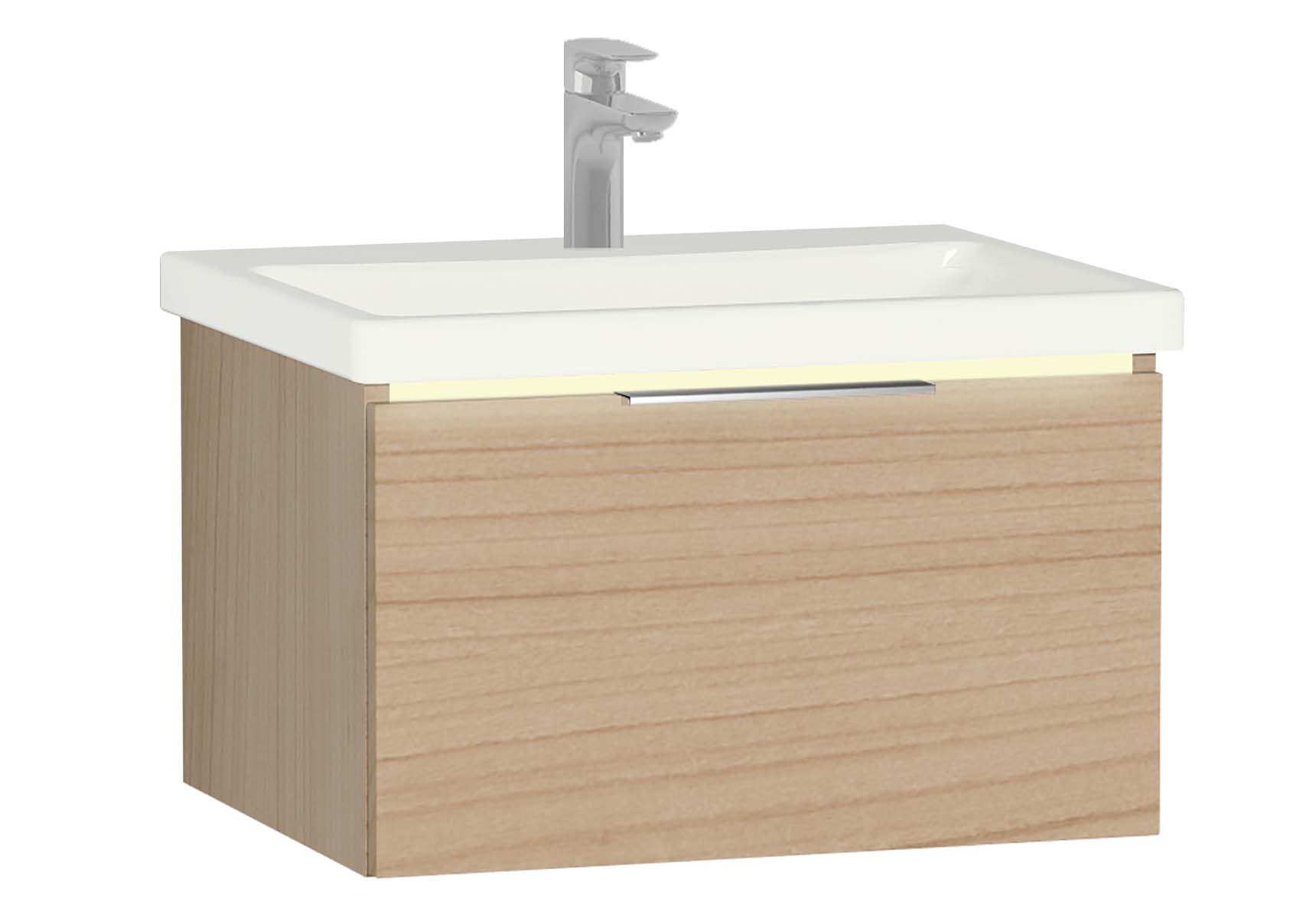 Central Washbasin Unit with 1 drawer, 60 cm, Golden Cherry, Ceramic Washbasin, Led