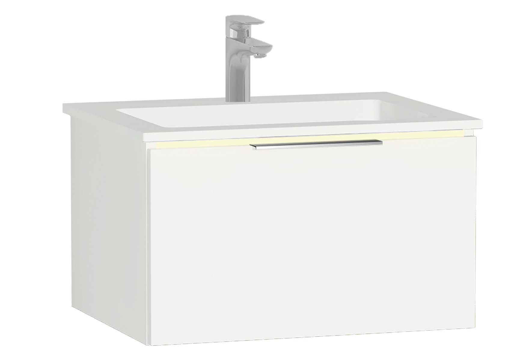 Central Washbasin Unit with 1 drawer, 60 cm, White High Gloss, Infinit Washbasin, Led