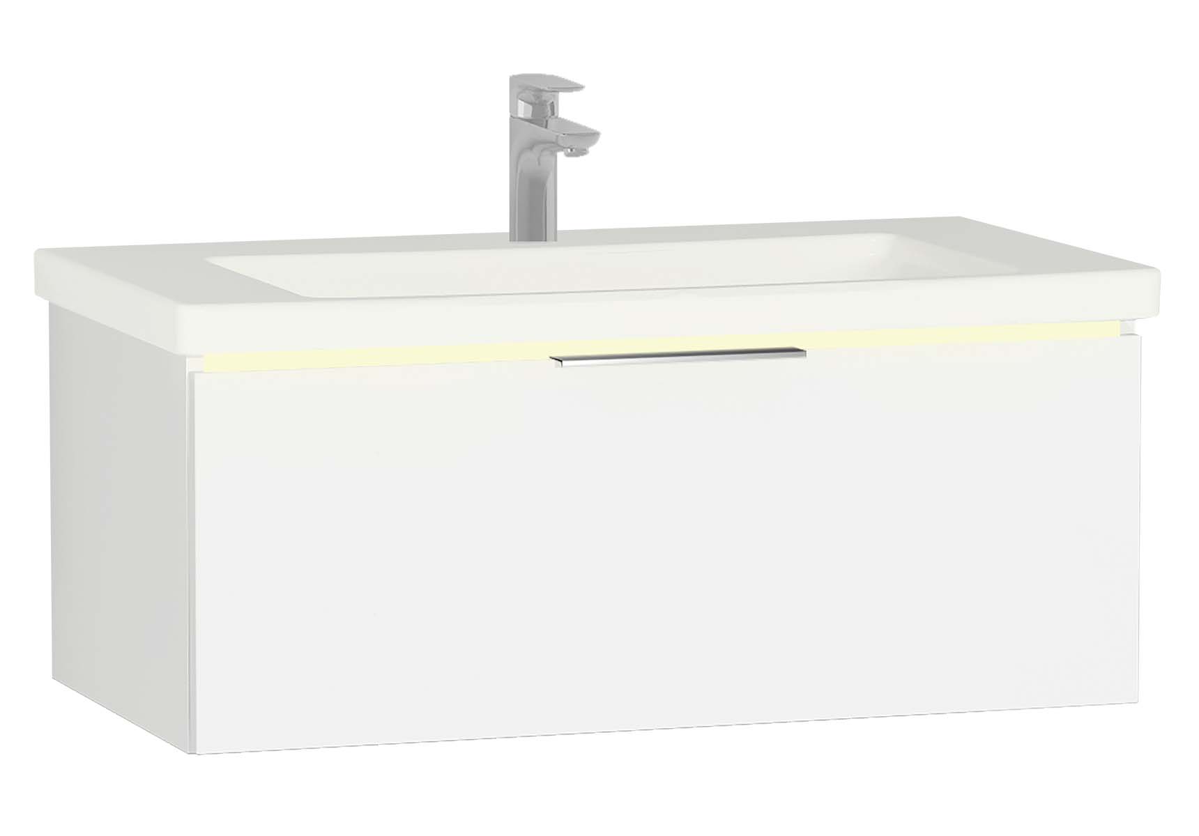 Central Washbasin Unit with 1 drawer, 90 cm, White High Gloss, Ceramic Washbasin, Led