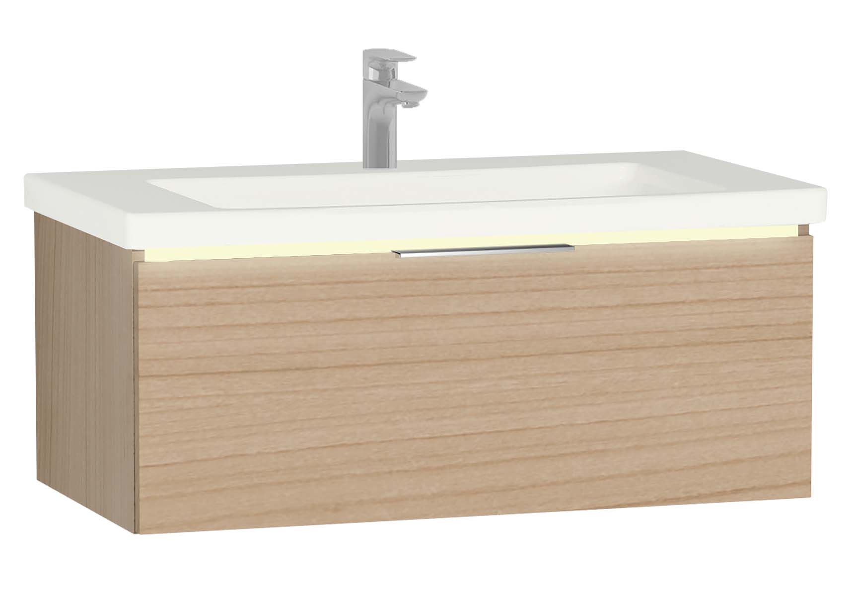 Central Washbasin Unit with 1 drawer, 90 cm, Golden Cherry, Ceramic Washbasin, Led