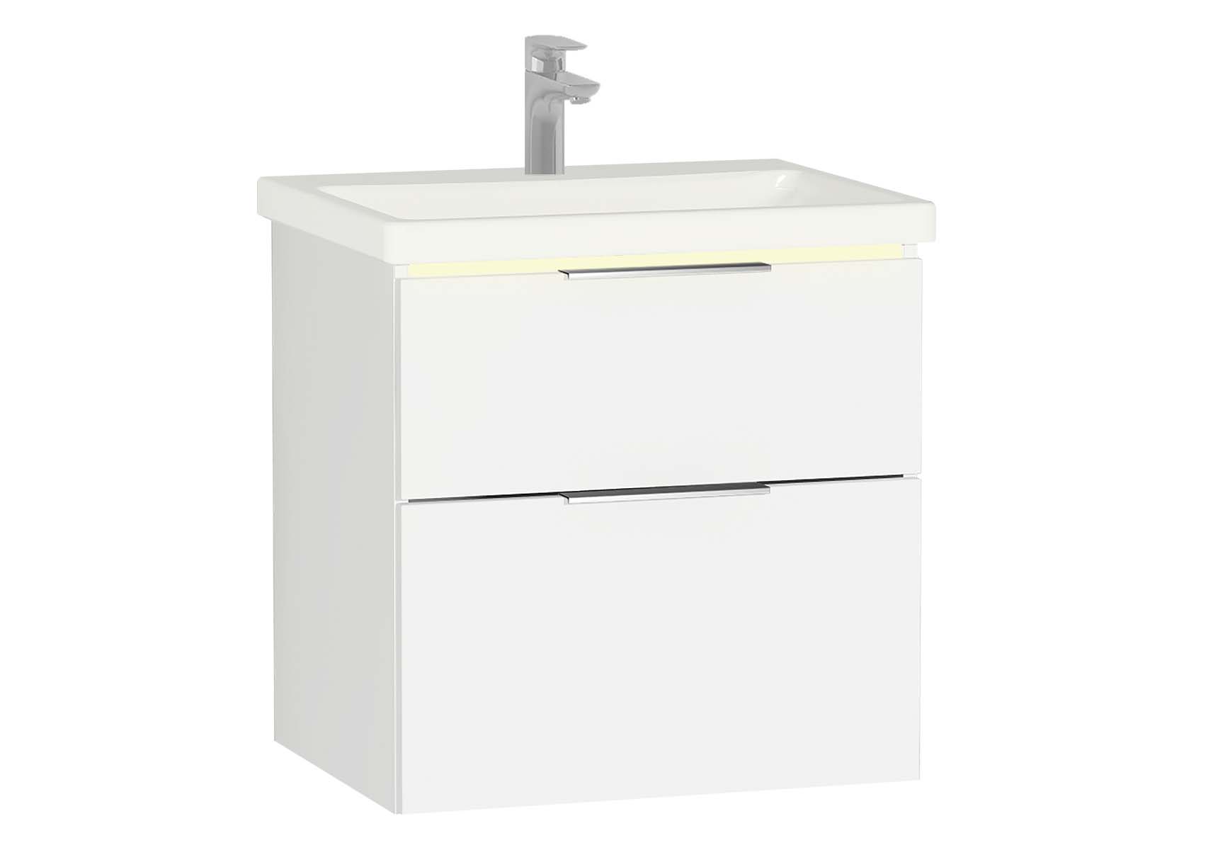 Central Washbasin Unit with 2 drawers, 60 cm, White High Gloss, Ceramic Washbasin, Led