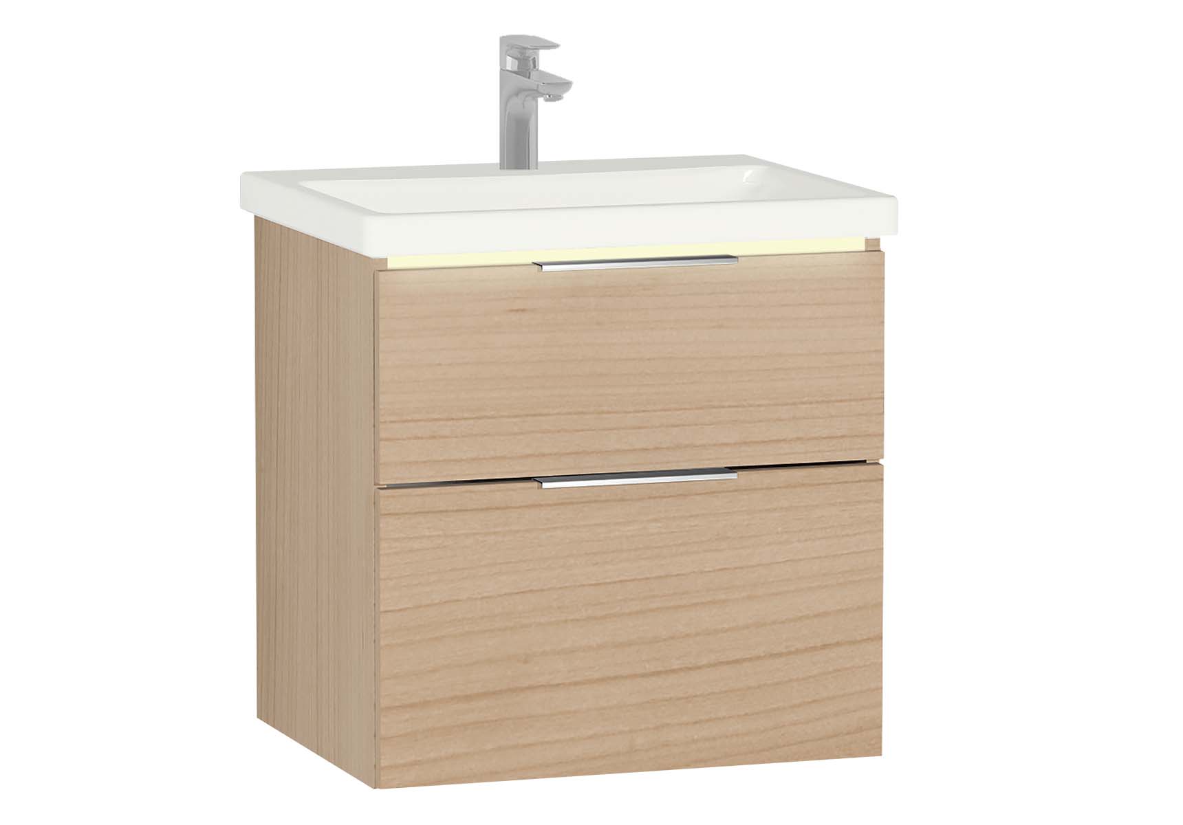 Central Washbasin Unit with 2 drawers, 60 cm, Golden Cherry, Ceramic Washbasin, Led