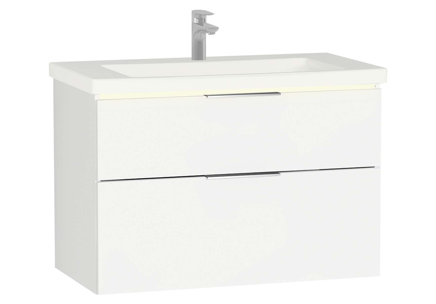 Central Washbasin Unit with 2 drawers, 90 cm, White High Gloss, Ceramic Washbasin, Led