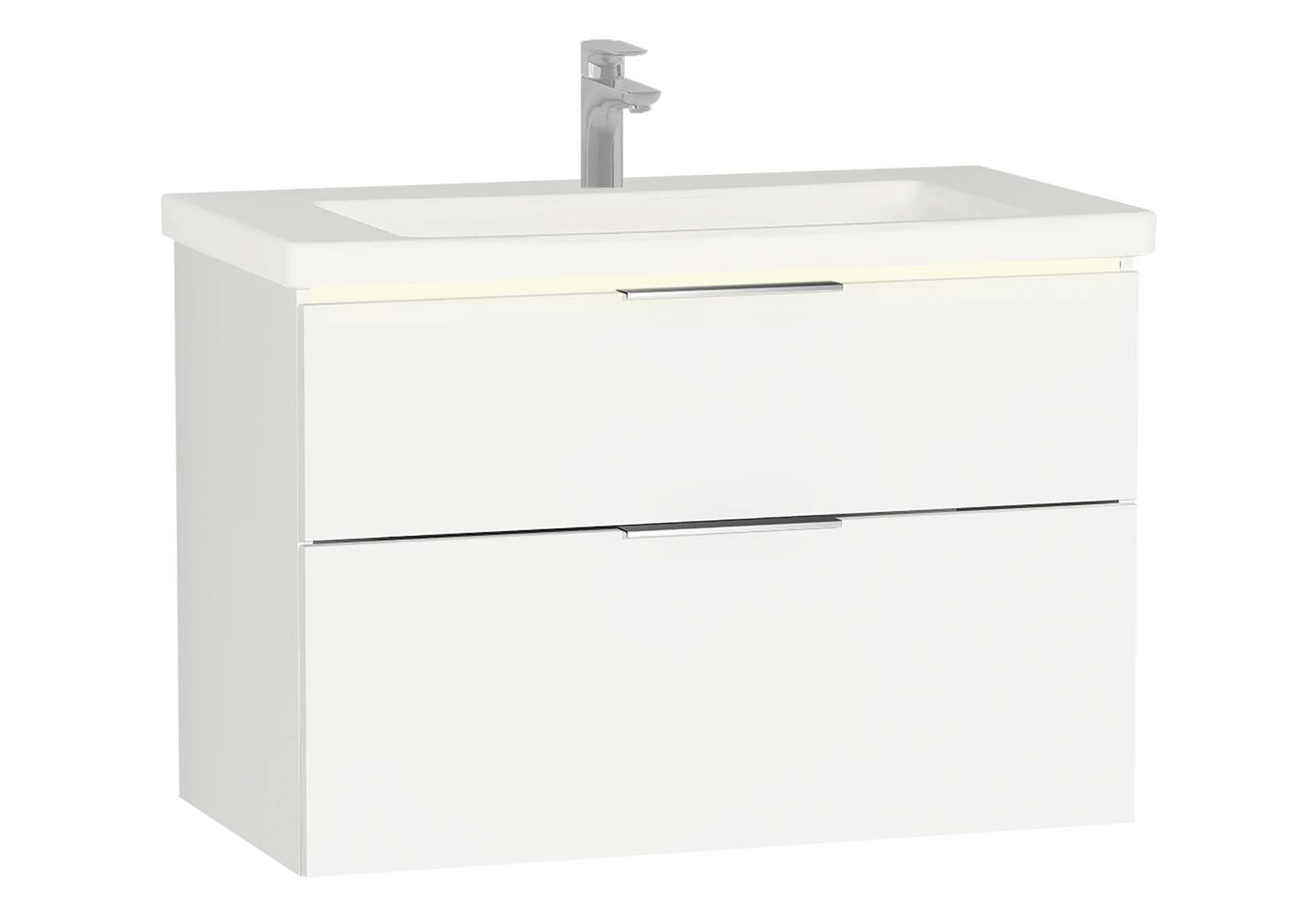 Central Washbasin Unit with 2 drawers, 90 cm, Golden Cherry, Ceramic Washbasin, Led