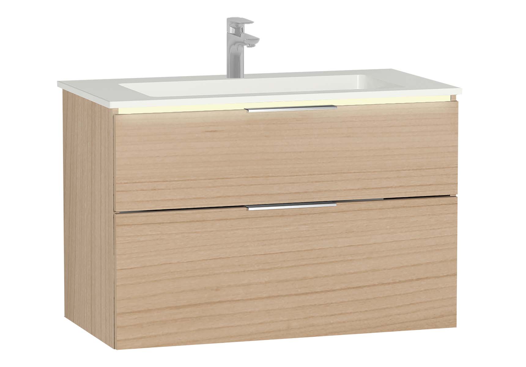 Central Washbasin Unit with 2 drawers, 90 cm, White High Gloss, Infinit Washbasin, Led