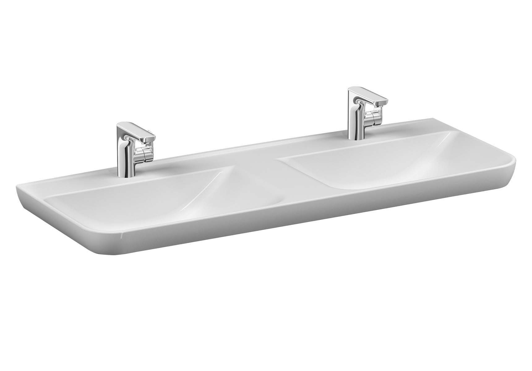 Sento Washbasin with two bowls, 130 cm, with two tap holes, with overflow hole, white