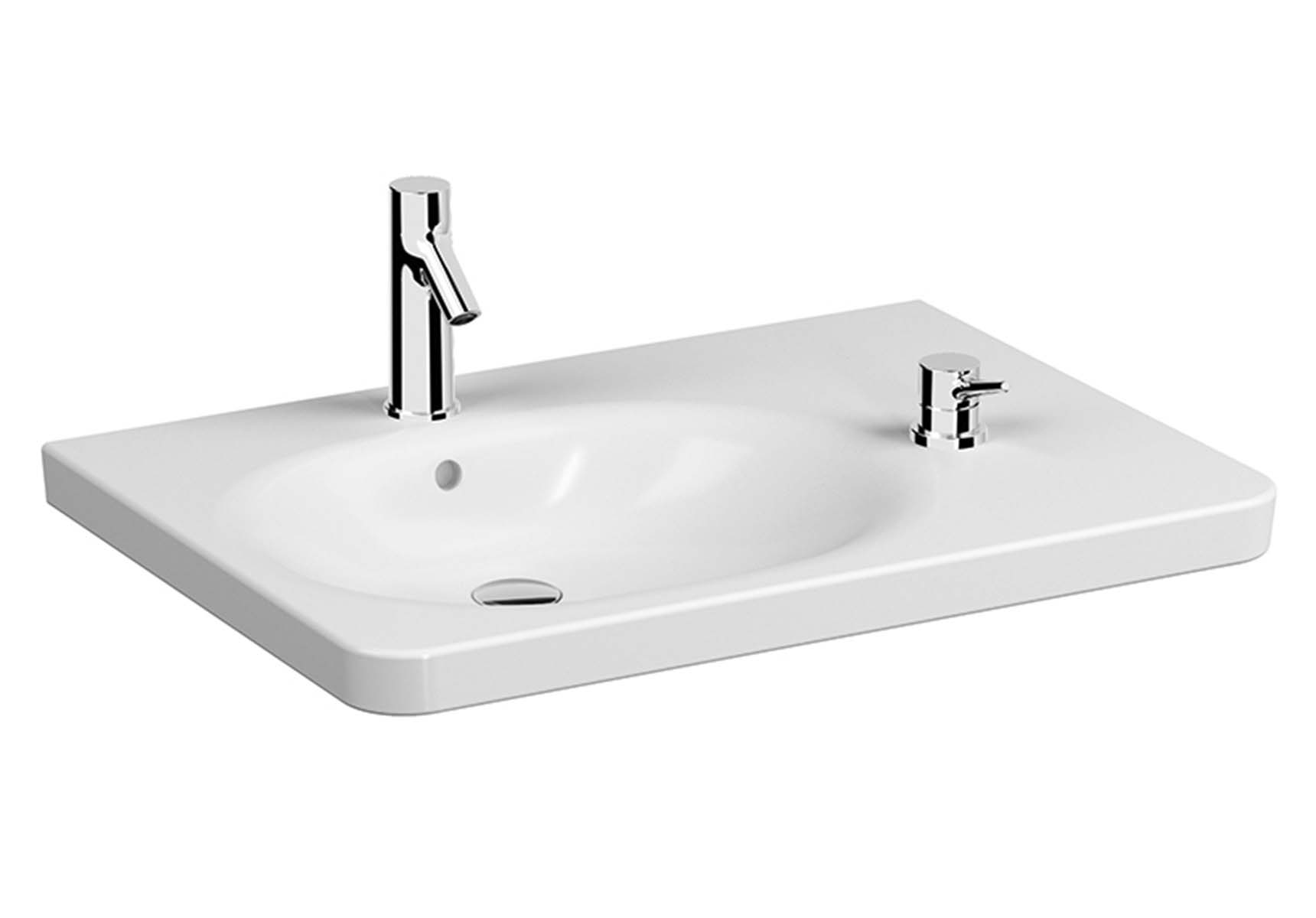 Special Need's Asymmetrical washbasin, 80 cm, with two tap hole, with overflow hole , white, A47156EXP thermostatic faucet set is included