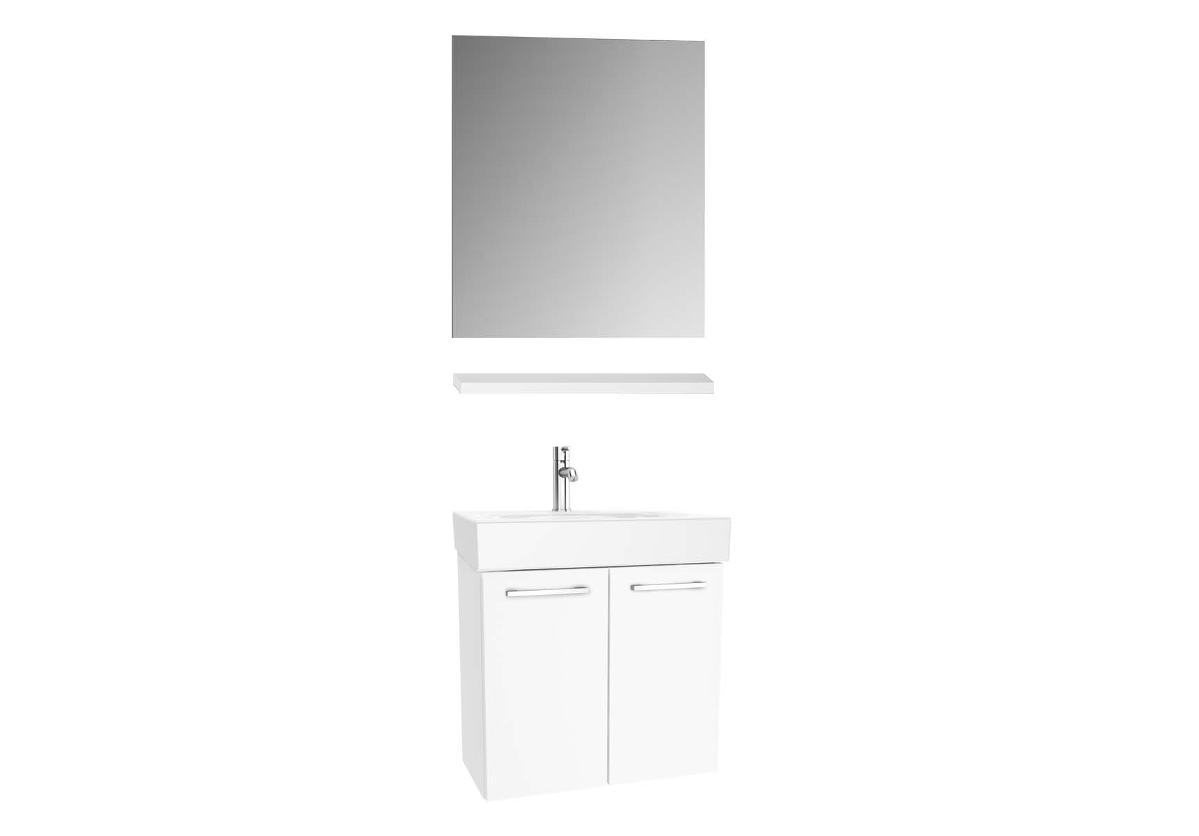 Optima Washbasin unit, w/doors, 60 cm + wb + shelf + classic mirror, HG White