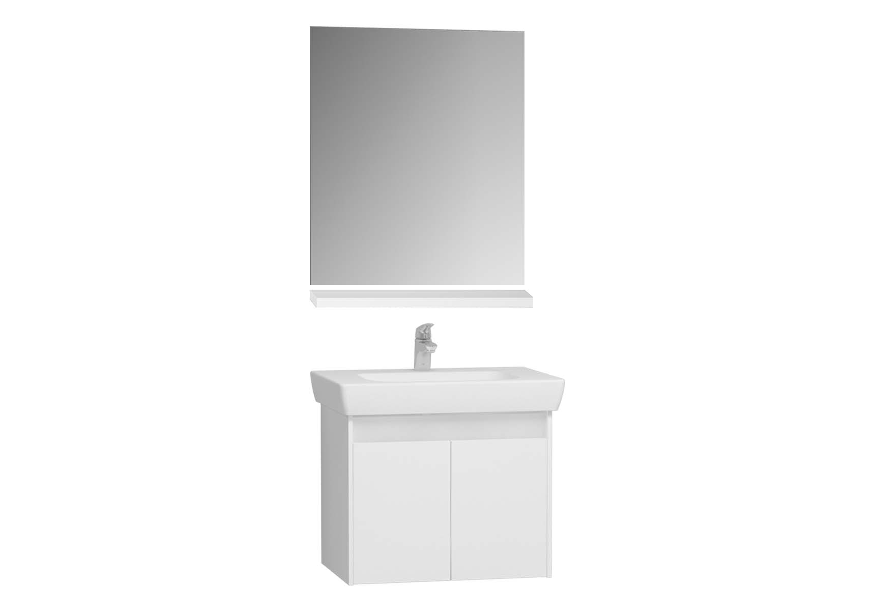 Step Flatpack Set, 65 cm, with doors, (washbasin unit, mirror, shelf), White High Gloss