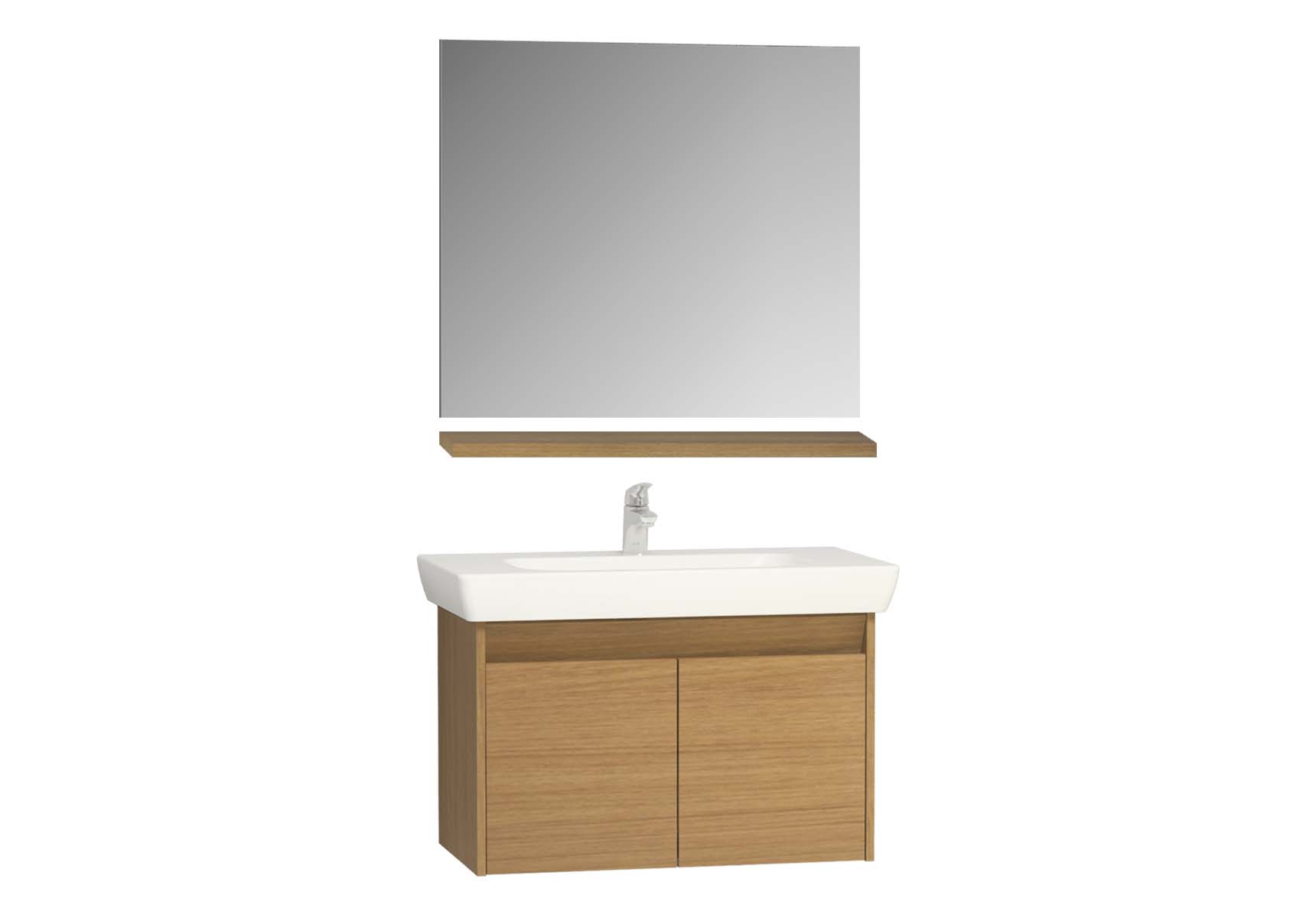 Step Flatpack Set, 85 cm, with doors, (washbasin unit, mirror, shelf), Teak