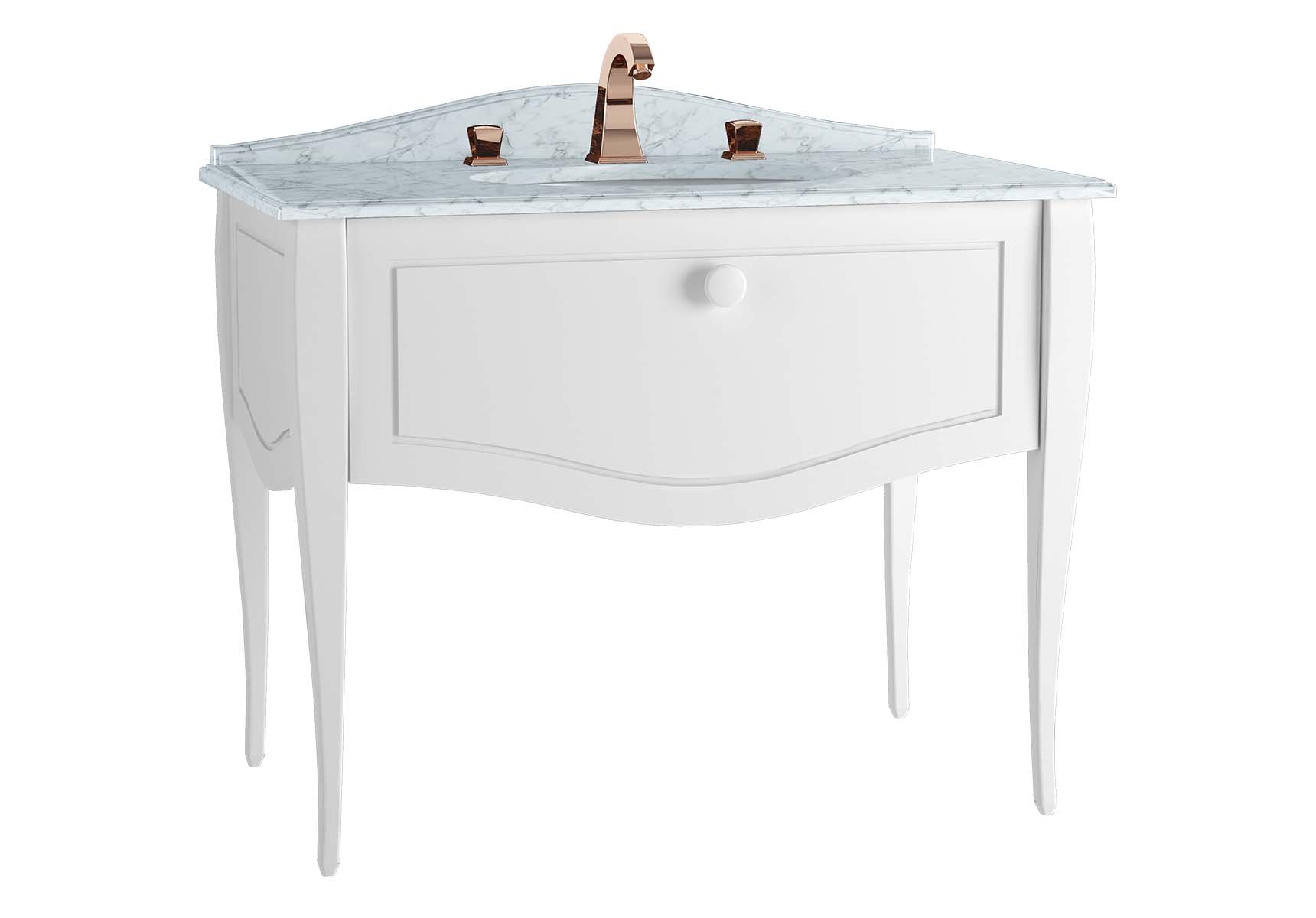 Elegance Washbasin Unit, 100 cm, with undercounter washbasin, with marble with 3 faucet holes, white handle, Matte White