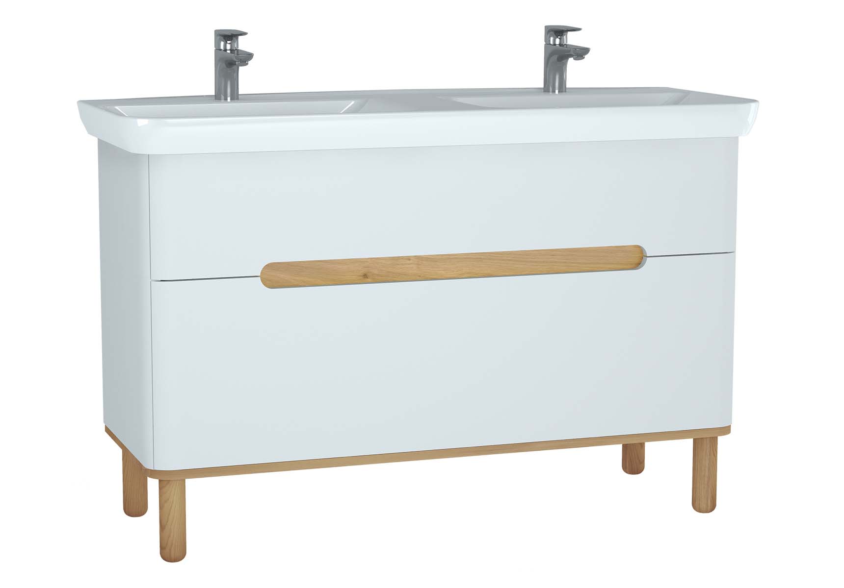 Sento Washbasin Unit, 130 cm, with 2 drawers, with double washbasins, with legs, Matte White