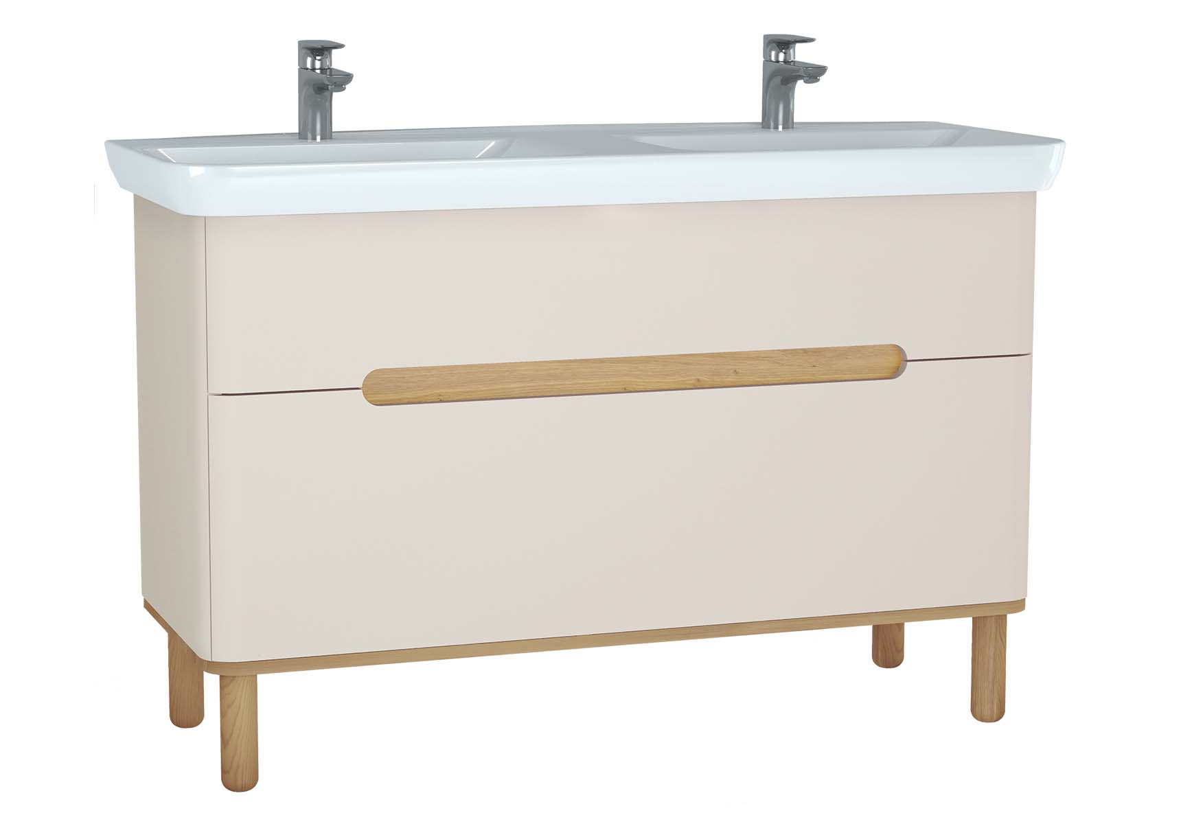 Sento Washbasin Unit, 130 cm, with 2 drawers, with double washbasins, with legs, Matte Cream