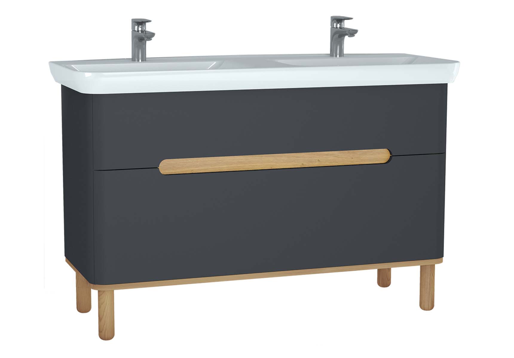 Sento Washbasin Unit, 130 cm, with 2 drawers, with double washbasins, with legs, Matte Anthracite