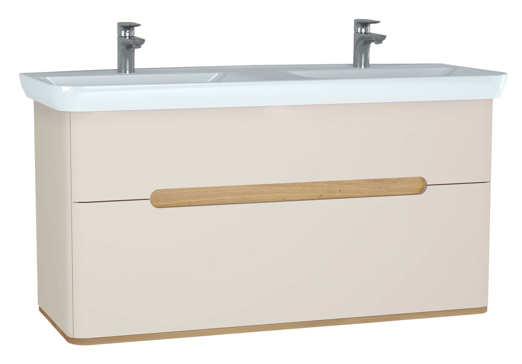 Sento Washbasin Unit, 130 cm, with 2 drawers, with double washbasins, without legs, Matte Cream
