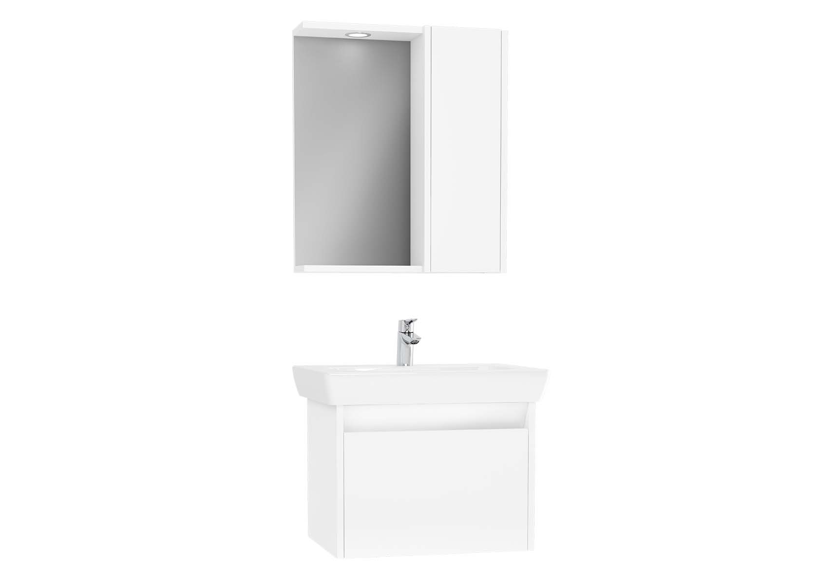 Step Flatpack Set, 65 cm, with drawer, (Washbasin Unit, Mirror with Side Cabinet), White High Gloss