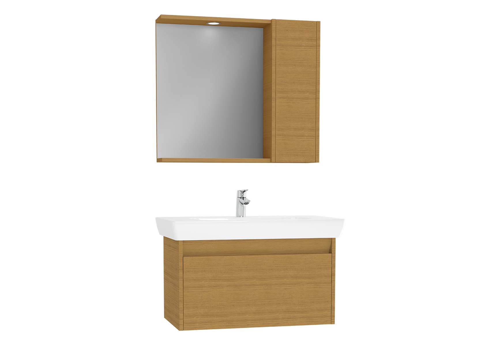 Step Flatpack Set, 85 cm, with drawer, (Washbasin Unit, Mirror with Side Cabinet), Teak