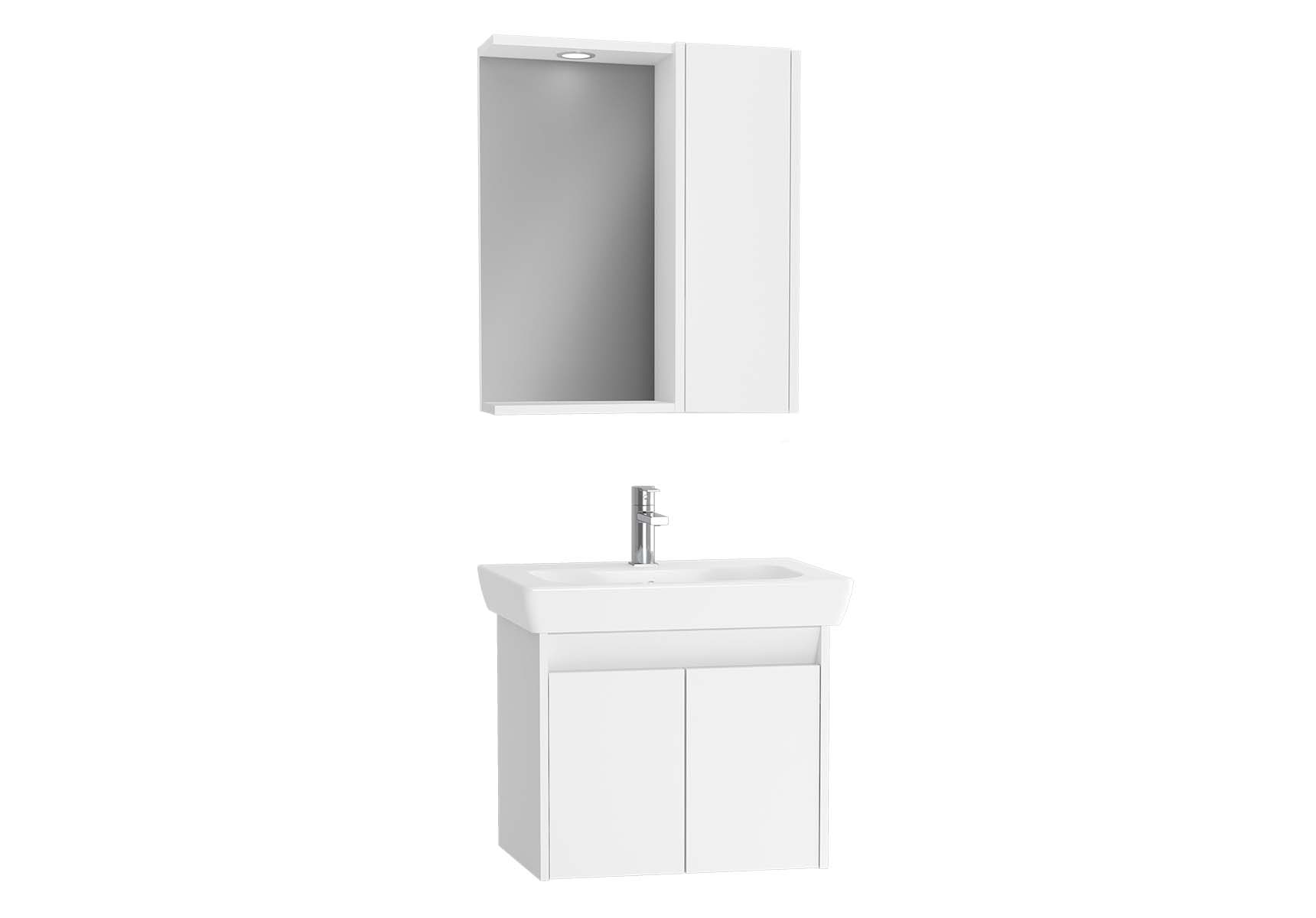 Step Flatpack Set, 65 cm, with doors, (Washbasin Unit, Mirror with Side Cabinet), White High Gloss
