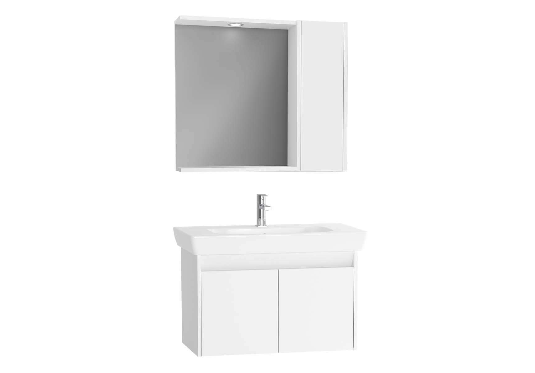 Step Flatpack Set, 85 cm, with doors, (Washbasin Unit, Mirror with Side Cabinet), White High Gloss