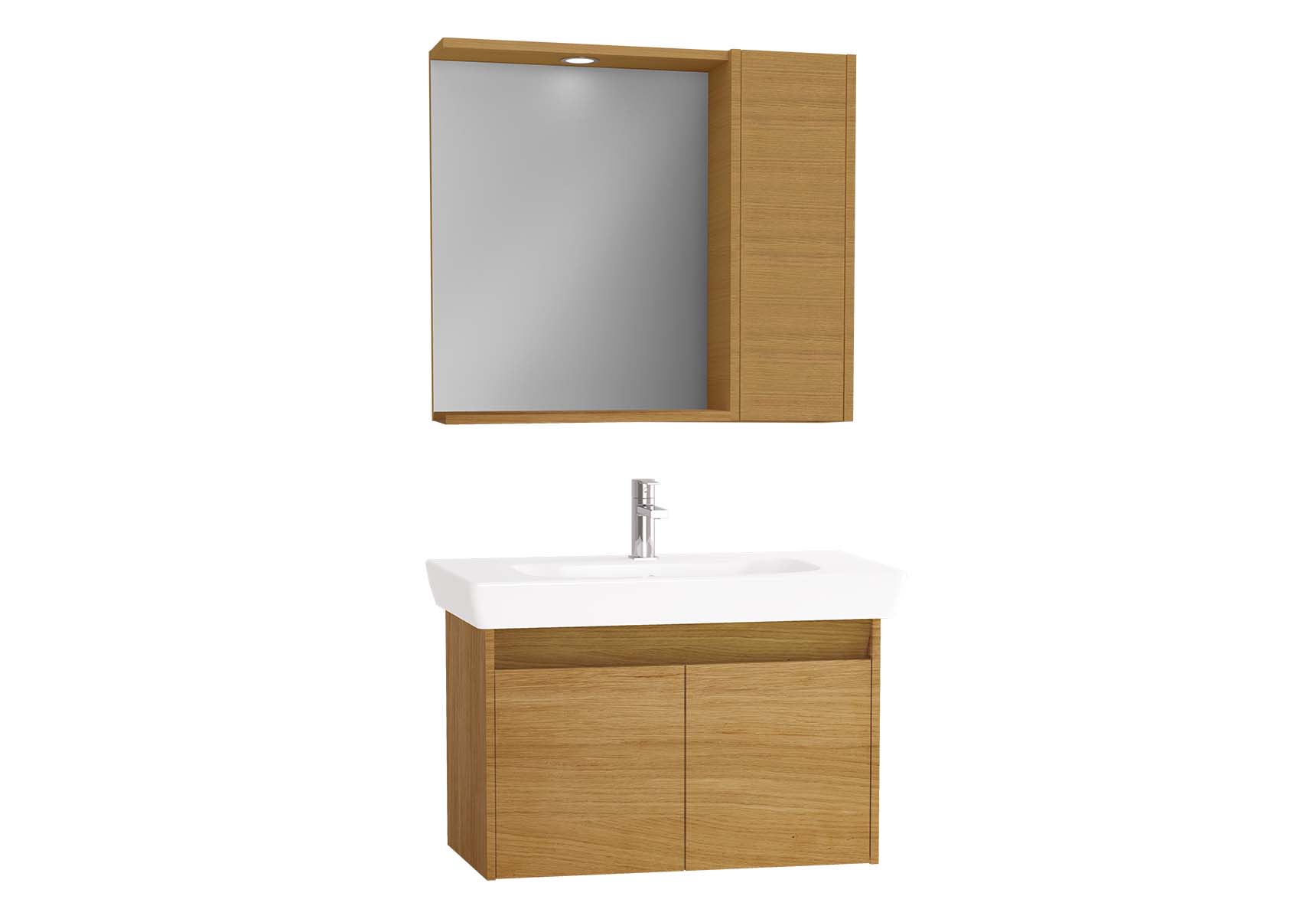 Step Flatpack Set, 85 cm, with doors, (Washbasin Unit, Mirror with Side Cabinet), Teak