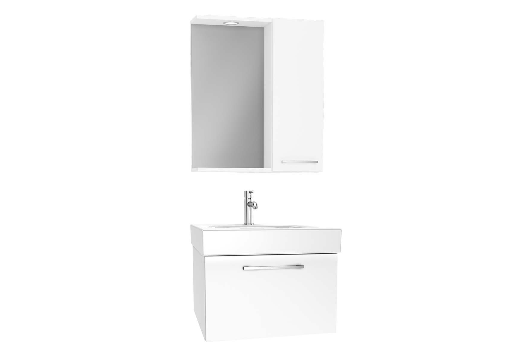 Optima Flatpack Set, 60 cm, with drawer, (Washbasin Unit, Mirror with Side Cabinet), White High Gloss
