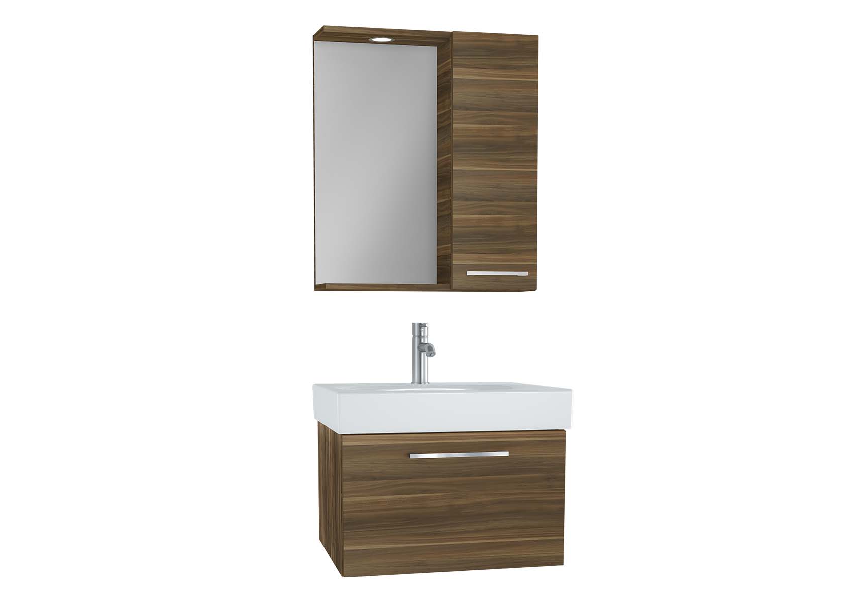 Optima Flatpack Set, 60 cm, with drawer, (Washbasin Unit, Mirror with Side Cabinet), Light Walnut