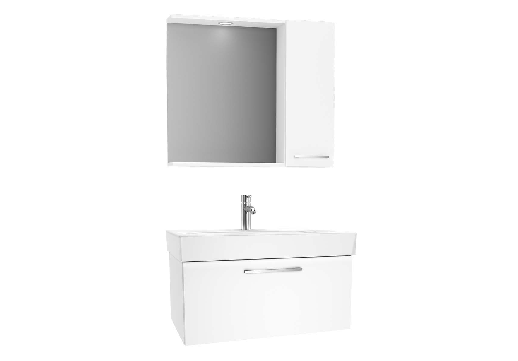 Optima Flatpack Set, 80 cm, with drawer, (Washbasin Unit, Mirror with Side Cabinet), White High Gloss