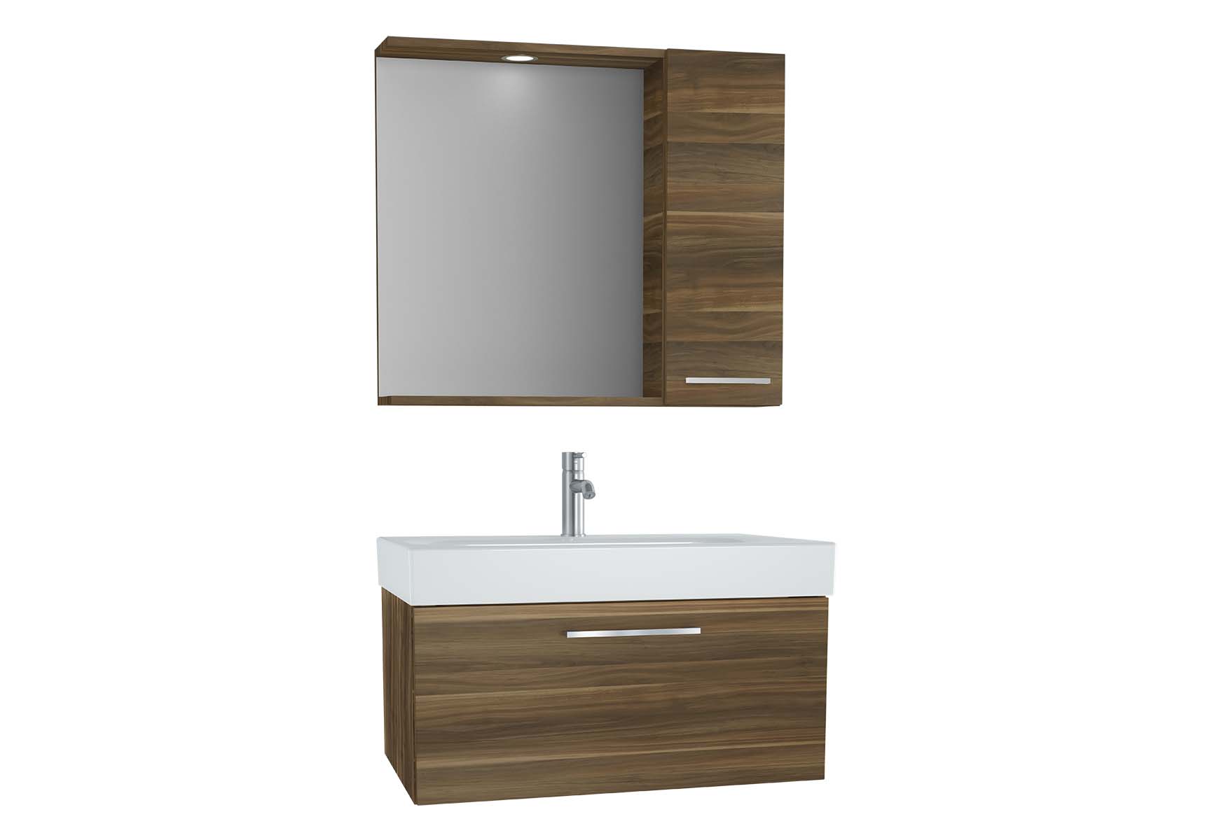 Optima Flatpack Set, 80 cm, with drawer, (Washbasin Unit, Mirror with Side Cabinet), Light Walnut