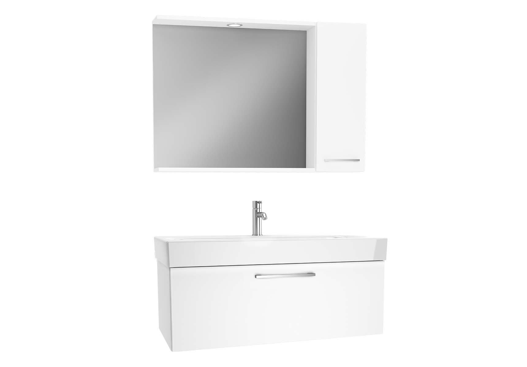 Optima Flatpack Set, 100 cm, with drawer, (Washbasin Unit, Mirror with Side Cabinet), White High Gloss