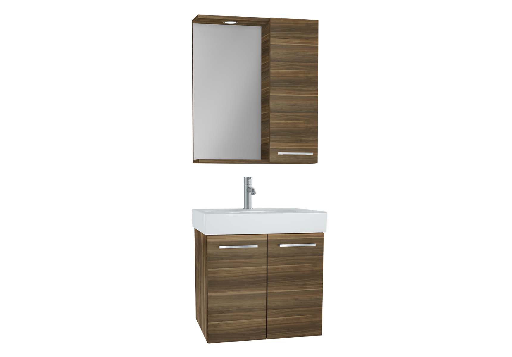 Optima Flatpack Set, 60 cm, with doors, (Washbasin Unit, Mirror with Side Cabinet), Light Walnut