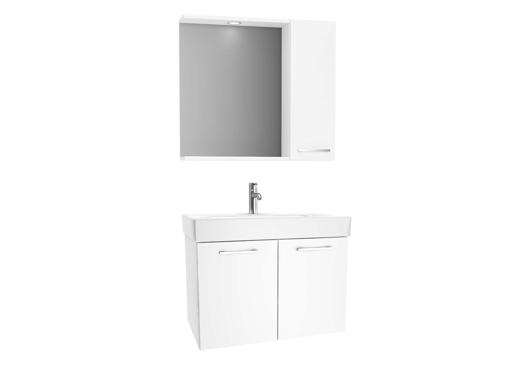 Optima Flatpack Set, 80 cm, with doors, (Washbasin Unit, Mirror with Side Cabinet), White High Gloss