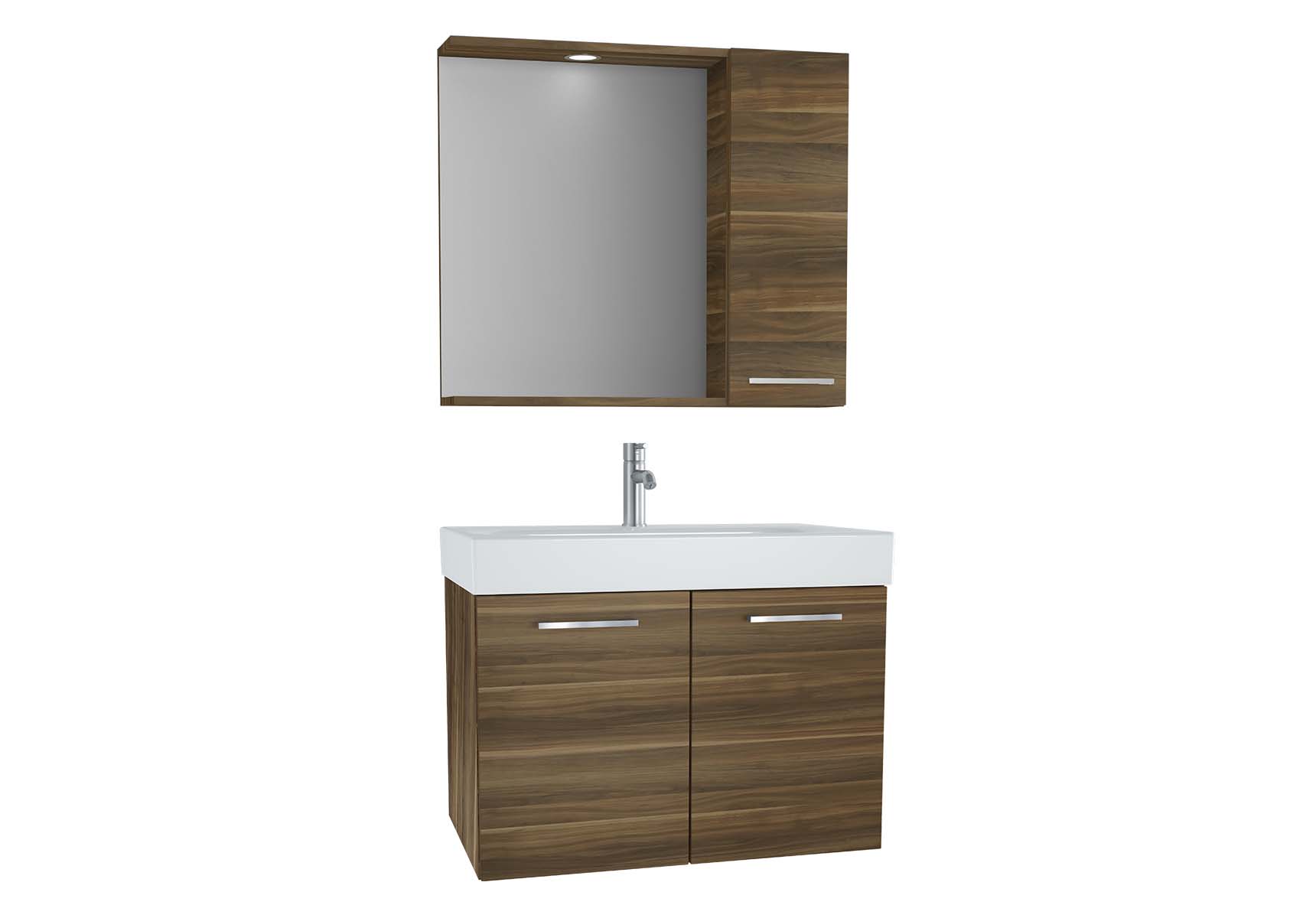 Optima Flatpack Set, 80 cm, with doors, (Washbasin Unit, Mirror with Side Cabinet), Light Walnut