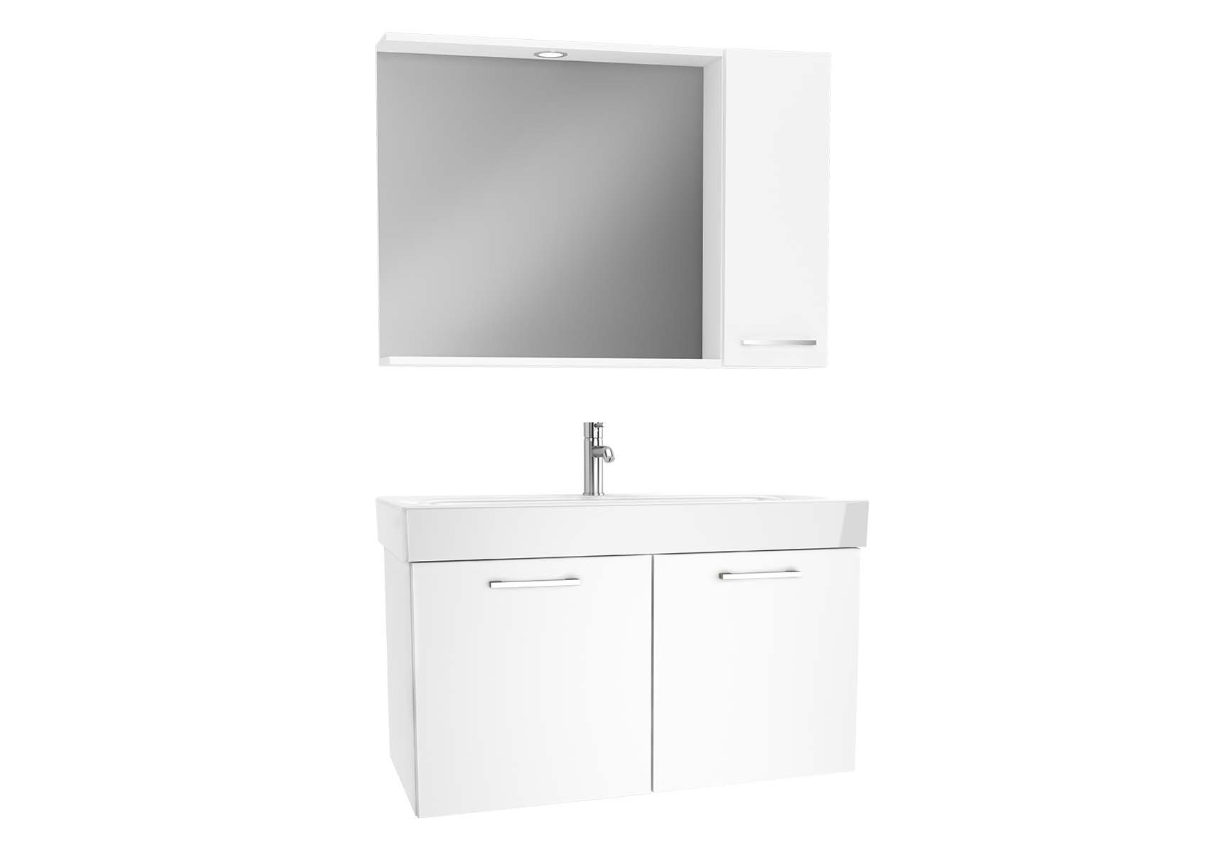 Optima Flatpack Set, 100 cm, with doors, (Washbasin Unit, Mirror with Side Cabinet), White High Gloss