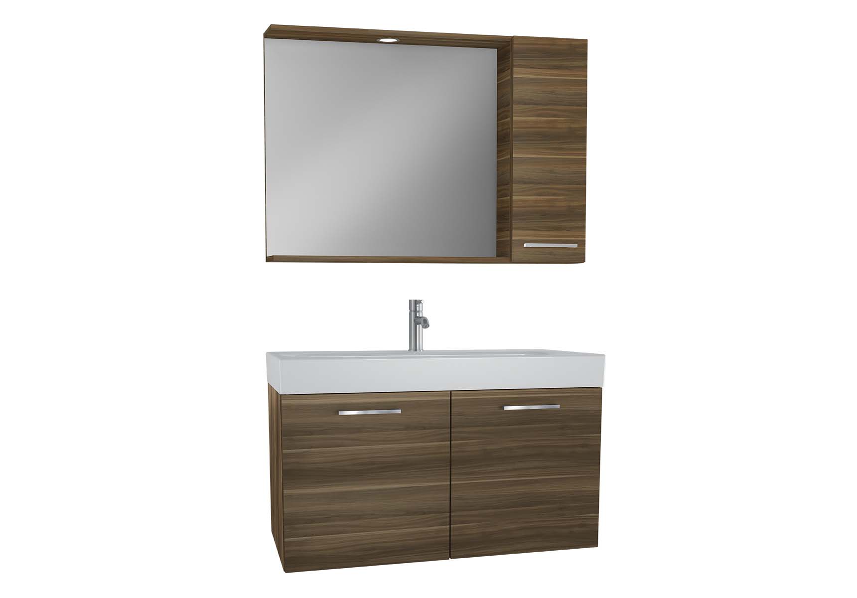 Optima Flatpack Set, 100 cm, with doors, (Washbasin Unit, Mirror with Side Cabinet), Light Walnut