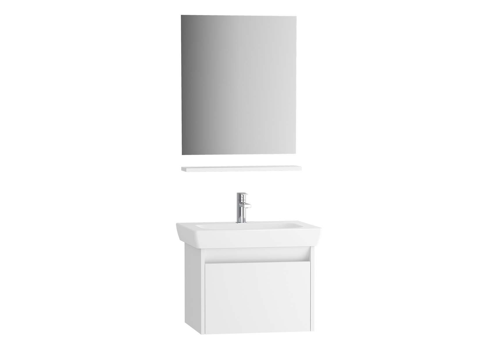 Step Flatpack Set, 65 cm, with drawer, (Washbasin Unit, mirror, shelf), White High Gloss