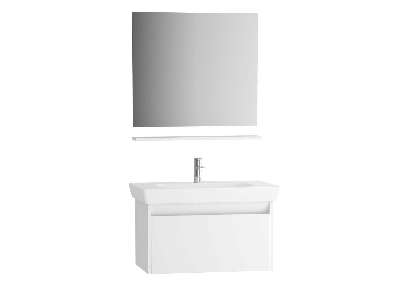 Step Flatpack Set, 85 cm, with drawer, (Washbasin Unit, mirror, shelf), White High Gloss